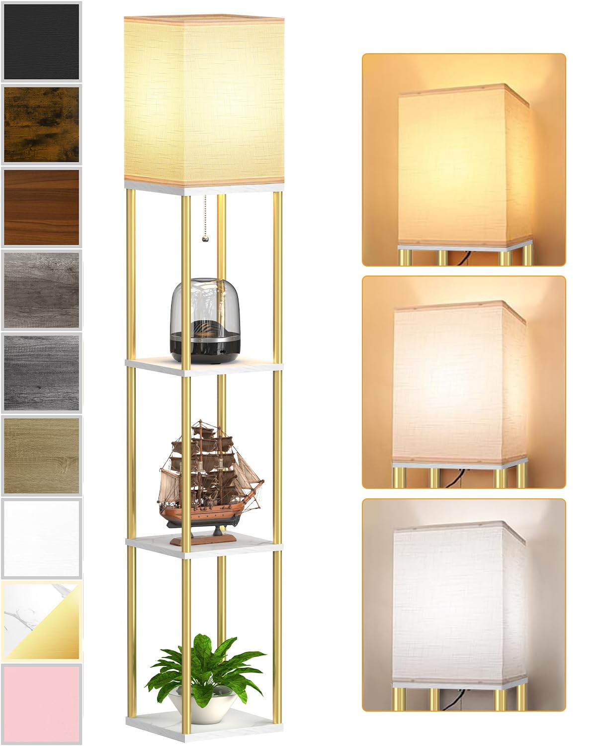 Floor Lamp with Shelves for Living Room, Shelf Floor Lamp with 3 CCT LED Bulb, Corner Display Standing Column Lamp Etagere Organizer Tower Nightstand with White Linen Shade for Bedroom, Office