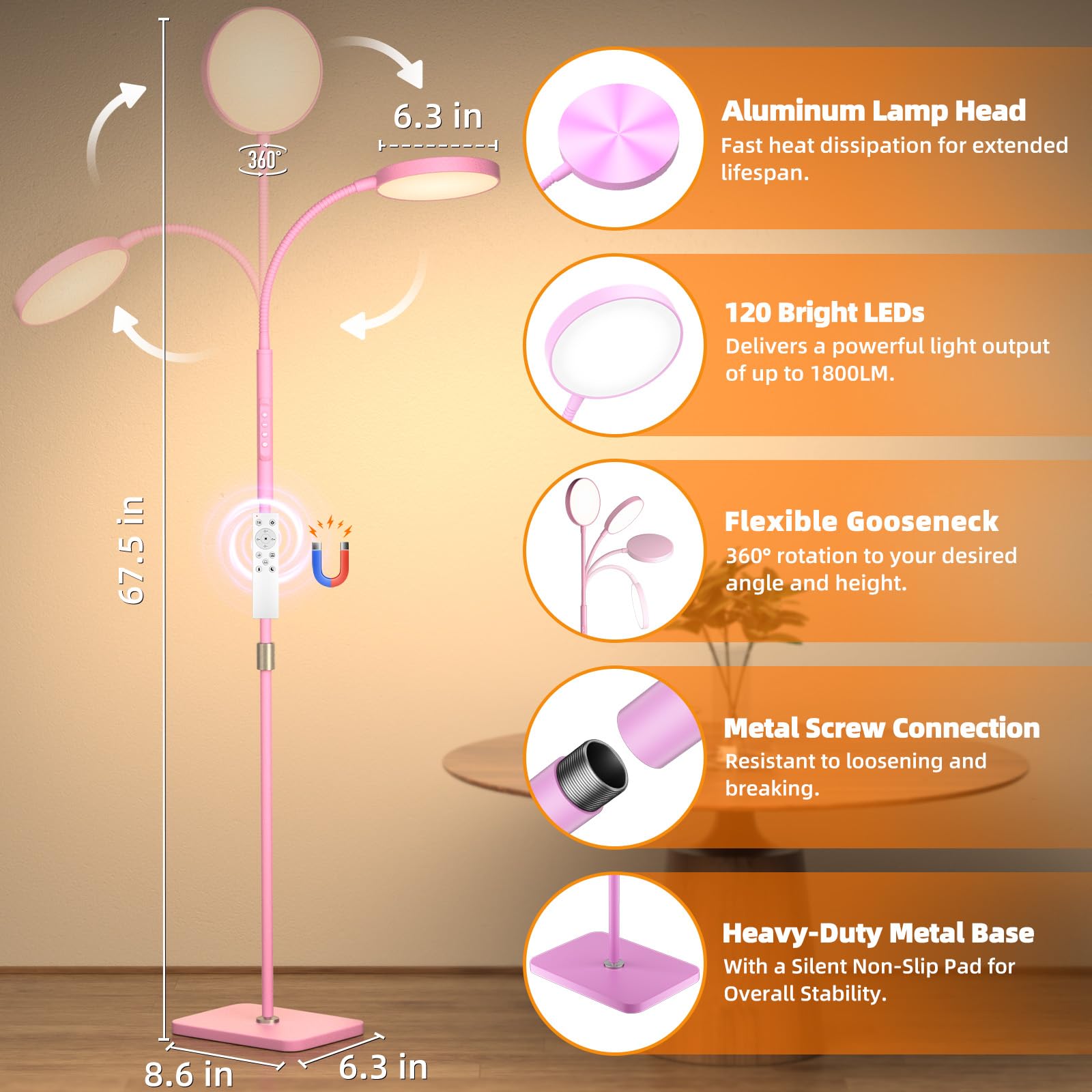Floor Lamp, Adjustable Height Floor Lamps for Living Room Bedroom, 120 LED Super Bright Standing Lamp Remote & Touch Control Dimmable Gooseneck Tall Stand Reading Lamp for Office Craft, Black