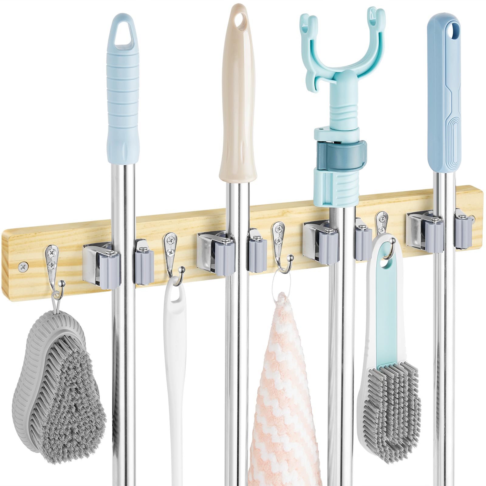 Mop and Broom Holder Wall Mount - Rustic Wood Broom Mop Hanger - Wall Mounted Garden Tool Rack Organizer for Closet Garage Laundry Room Kitchen Decor With 4 Slots & 4 Hooks