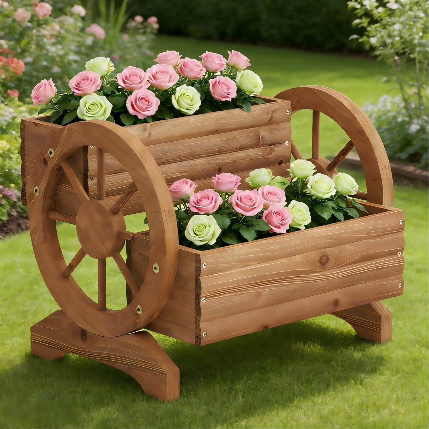 Wooden Wagon Planter Wooden Flower Cart with Wheels Outdoor Garden Planter, Decor Planter for Patio Balcony Decoration Succulent Flower Pot for Indoor Backyard Balcon planters (Carbonized)