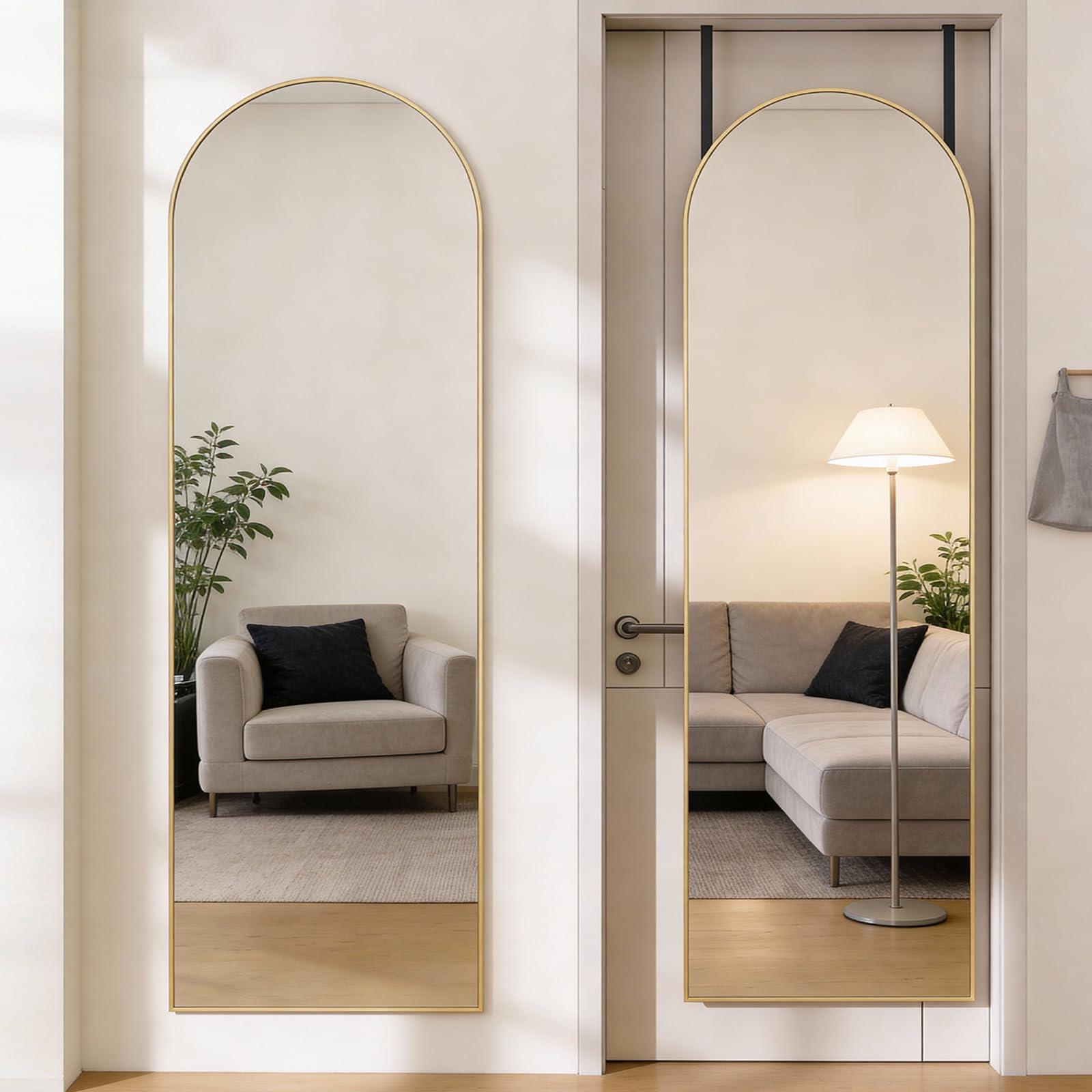 DUMOS Arched Full Length Mirror with Stand 64"x21" Floor Standing Aluminum Frame for Bedroom Body Hanging Leaning Modern Simple Home Decor Shatter-proorf Nano Glass Wall Living Room Cloakroom Black