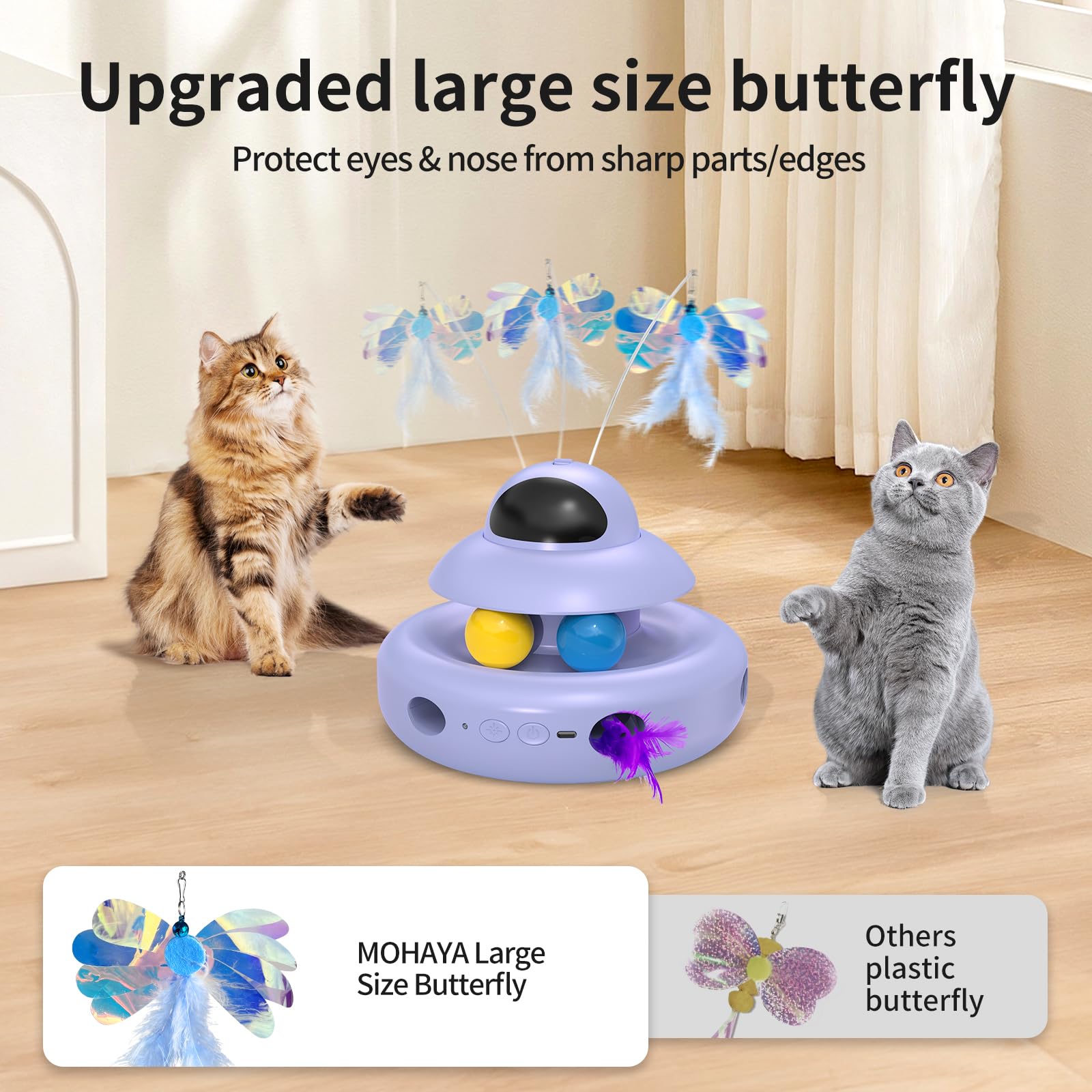 Interactive Cat Toys for Indoor Cats,4-in-1 Automatic Kitten Toy with Laser, Fluttering Butterfly, Moving Feather & Track Balls, USB Rechargeable Self-Play Electronic Toy for Kittens & Adults