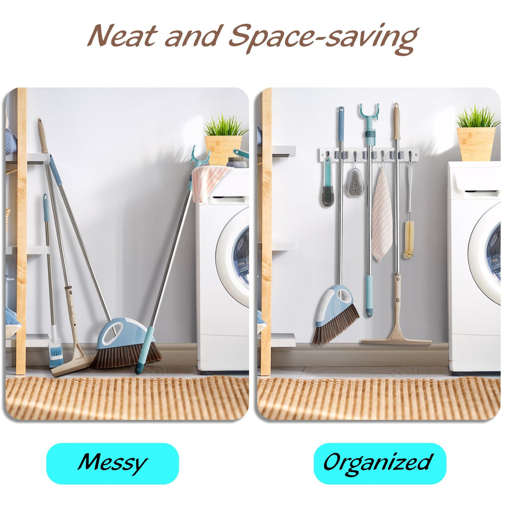 Mop and Broom Holder Wall Mount - Rustic Wood Broom Mop Hanger - Wall Mounted Garden Tool Rack Organizer for Closet Garage Laundry Room Kitchen Decor With 4 Slots & 4 Hooks