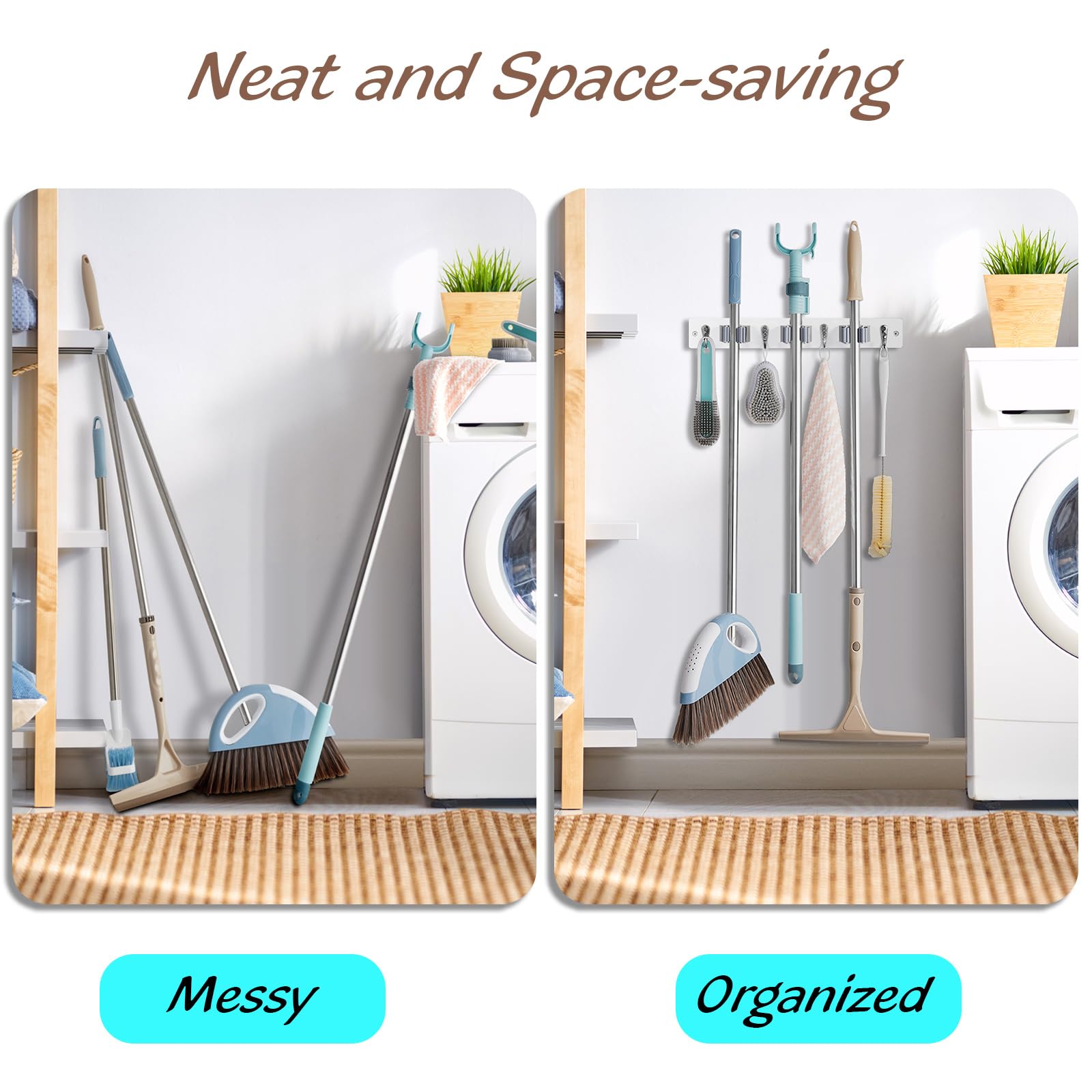 Mop and Broom Holder Wall Mount - Rustic Wood Broom Mop Hanger - Wall Mounted Garden Tool Rack Organizer for Closet Garage Laundry Room Kitchen Decor With 4 Slots & 4 Hooks