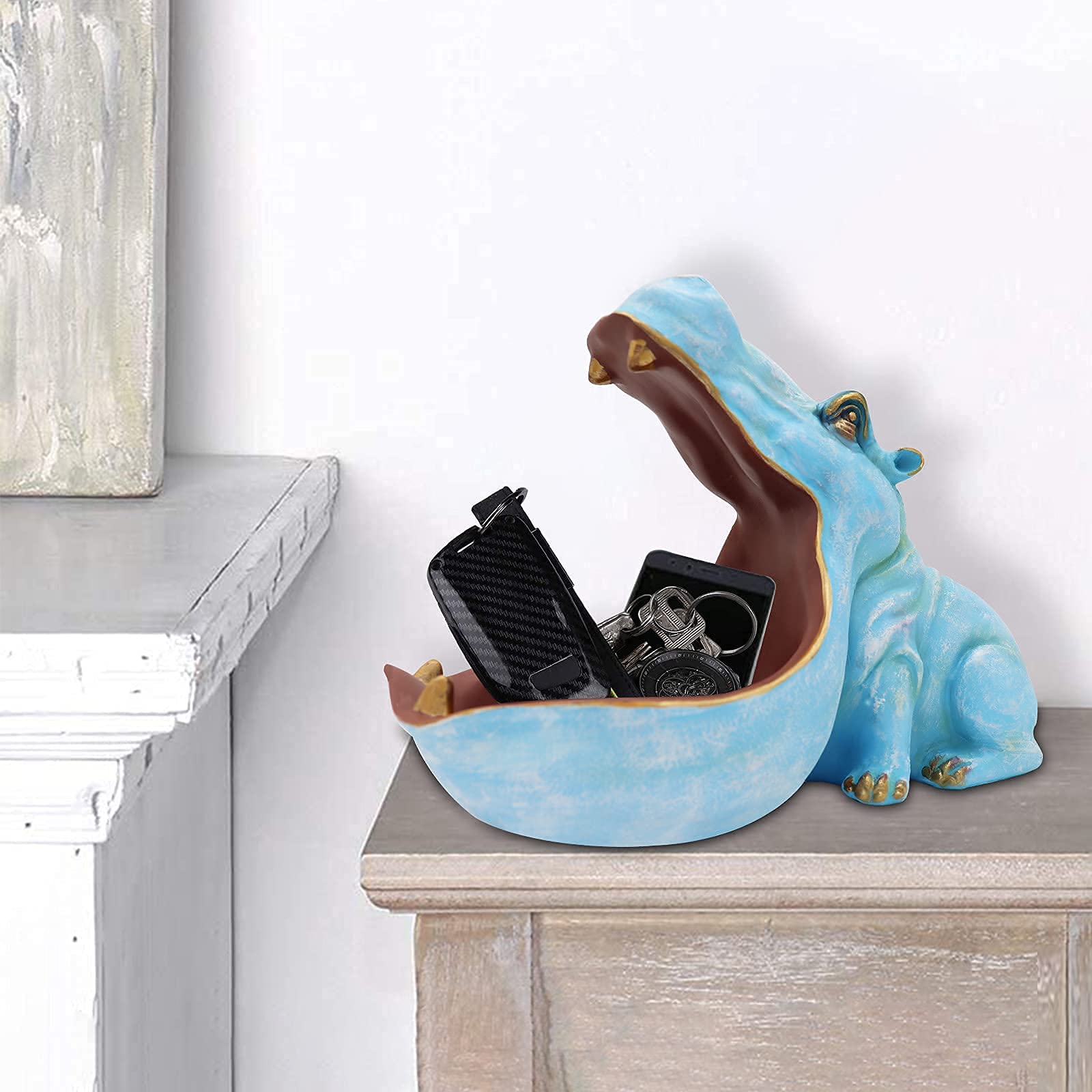 aboxoo Hippo Statue,Large Hippopotamus Figurine Home Sculpture with Resin, Hippo Candy Jar, Candy Dish Bowl for Office Desk, Key Bowl for Entryway Table,Container Storage Art Decor Box(Dark Blue)