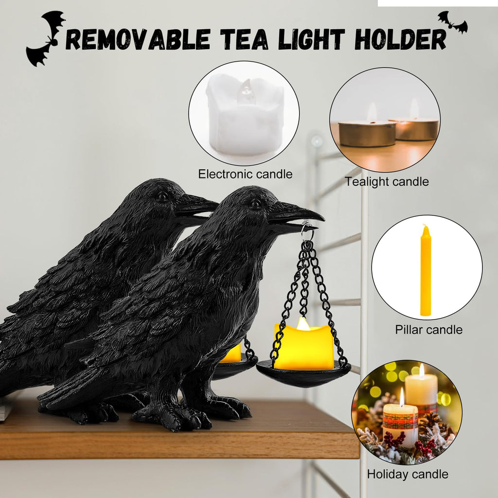 Gothic Crow Lamp with Tealight Candle Holder Resin Raven Decor Statue Gothic Home Decor for Bedroom Unique Goth Gifts Black