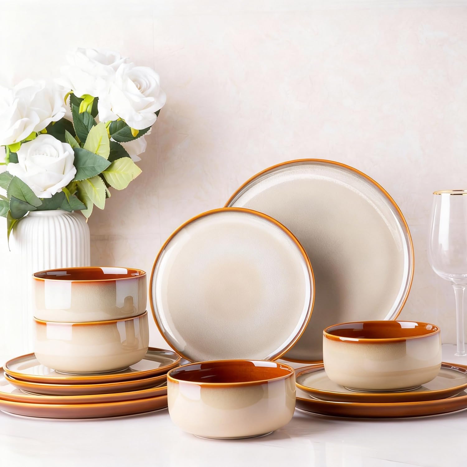 LERATIO Ceramic Dinnerware Sets for 8,Plates and Bowls Sets,Reactive Glaze Dishes Set,Highly Chip and Crack Resistant | Dishwasher & Microwave & Oven Safe Dishes set,Service for 8-Kahki (24pc)