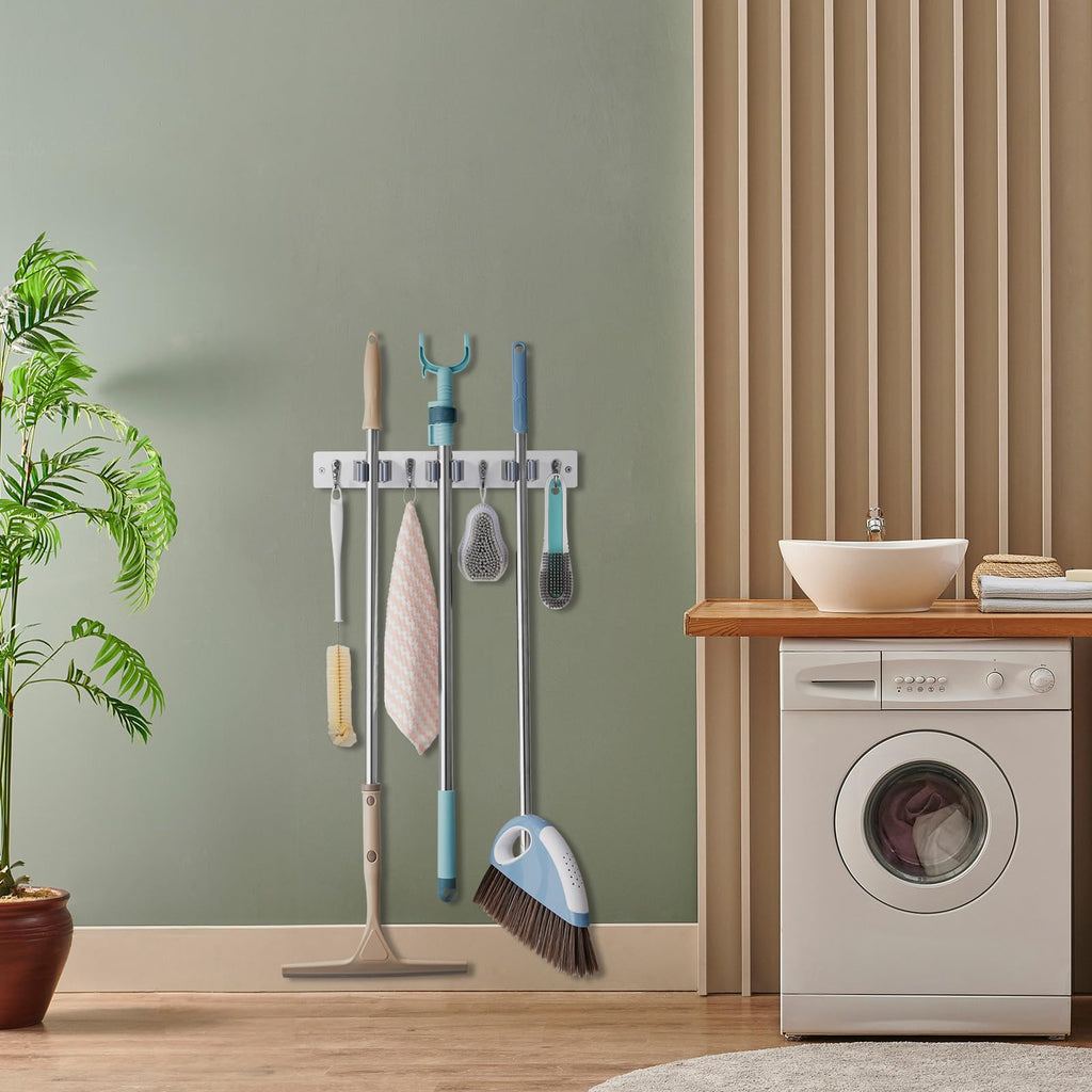 Mop and Broom Holder Wall Mount - Rustic Wood Broom Mop Hanger - Wall Mounted Garden Tool Rack Organizer for Closet Garage Laundry Room Kitchen Decor With 4 Slots & 4 Hooks