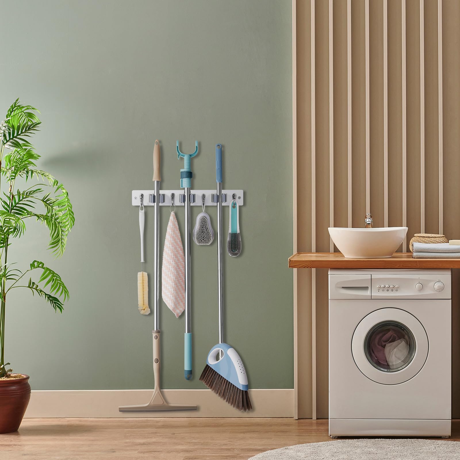 Mop and Broom Holder Wall Mount - Rustic Wood Broom Mop Hanger - Wall Mounted Garden Tool Rack Organizer for Closet Garage Laundry Room Kitchen Decor With 4 Slots & 4 Hooks