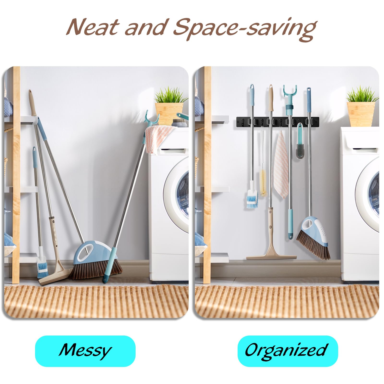Mop and Broom Holder Wall Mount - Rustic Wood Broom Mop Hanger - Wall Mounted Garden Tool Rack Organizer for Closet Garage Laundry Room Kitchen Decor With 4 Slots & 4 Hooks