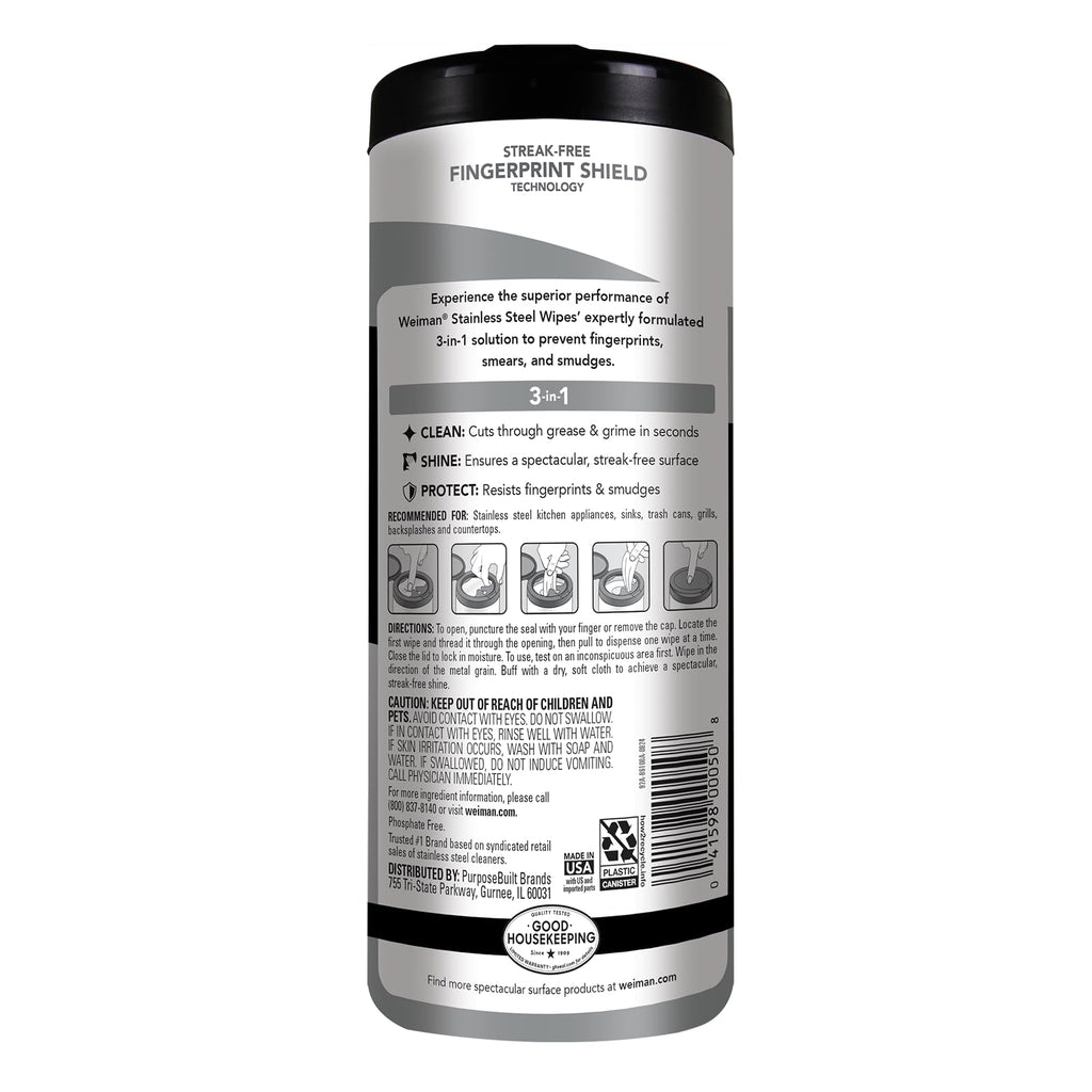 Weiman Stainless Steel Cleaner and Polish Wipes, 30 Count