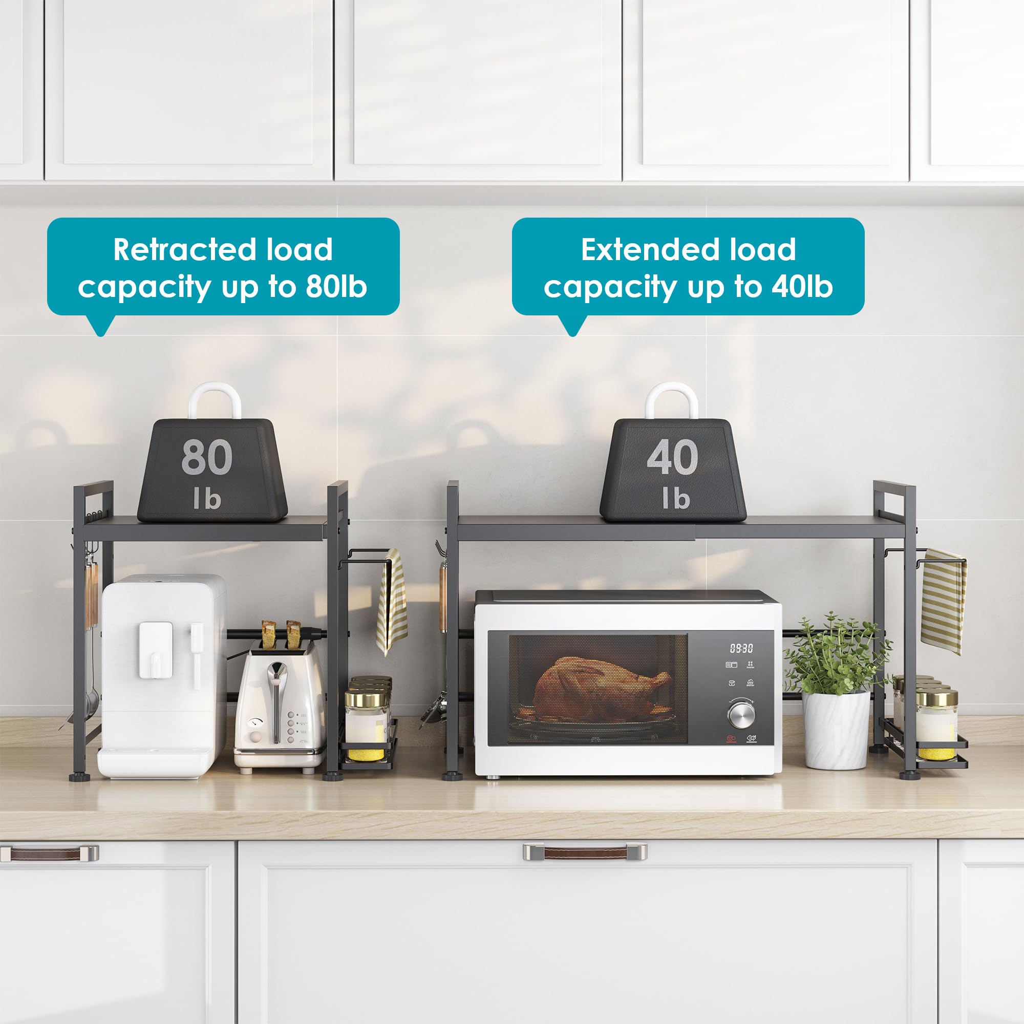 DOLALIKE Microwave Oven Rack, Expandable Microwave Stand Countertop Kitchen Utensils Tableware Storage, Carbon Steel Over Microwave Shelf Countertop with 3 Hooks