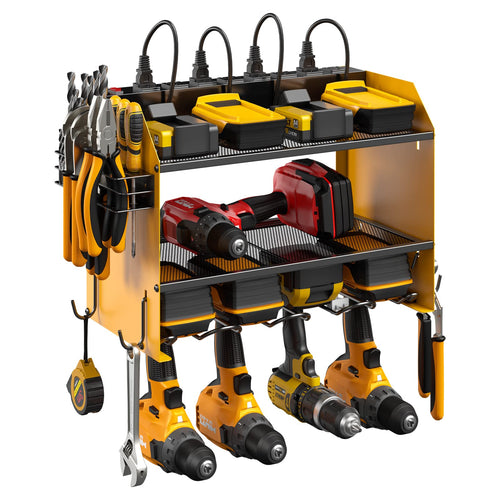 CCCEI Modular Power Tool Organizer Wall Mount with Charging Station. Garage Drill Storage Shelf with Hooks, Heavy Duty Rack, Tool Battery Holder Built in 8 Outlet. Gift for Men. Red, 1 Pack.