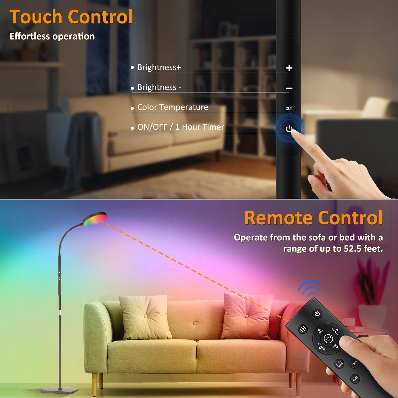 Floor Lamp, Adjustable Height Floor Lamps for Living Room Bedroom, 120 LED Super Bright Standing Lamp Remote & Touch Control Dimmable Gooseneck Tall Stand Reading Lamp for Office Craft, Black