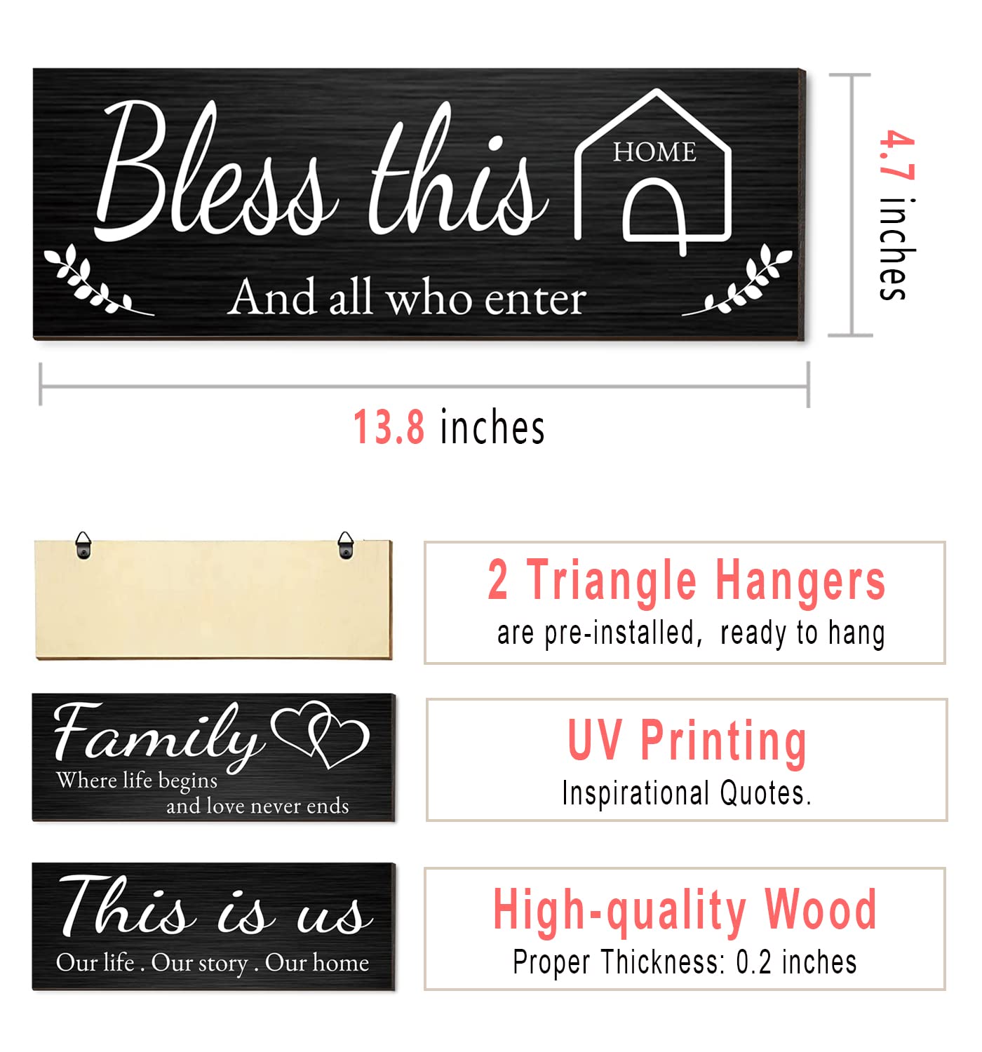 4 Pieces Home Wall Signs, THIS IS US/TOGETHER/BLESS THIS HOME/FAMILY Wall Decor For Living Room Bedroom, Rustic Wooden Farmhouse Wall Art , 4.7 x 13.8 Inch(Brown)