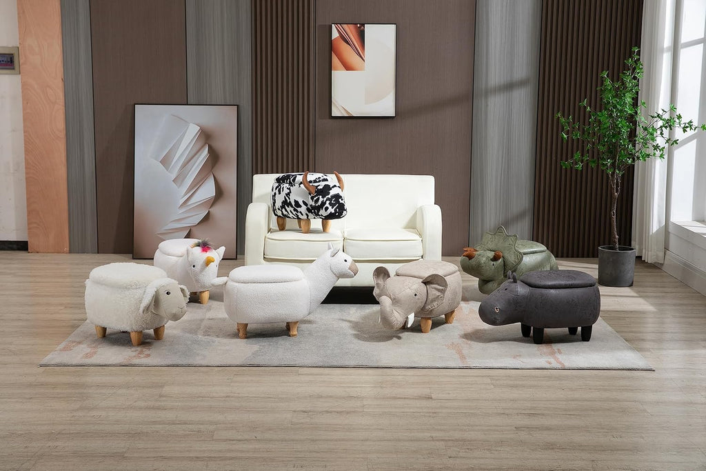 Home 2 Office Cow Ottoman for Kids' Bedroom, Playroom, Nursery, and Living Room, Animal Ottoman with Storage, Footstool for Kids, Black/White