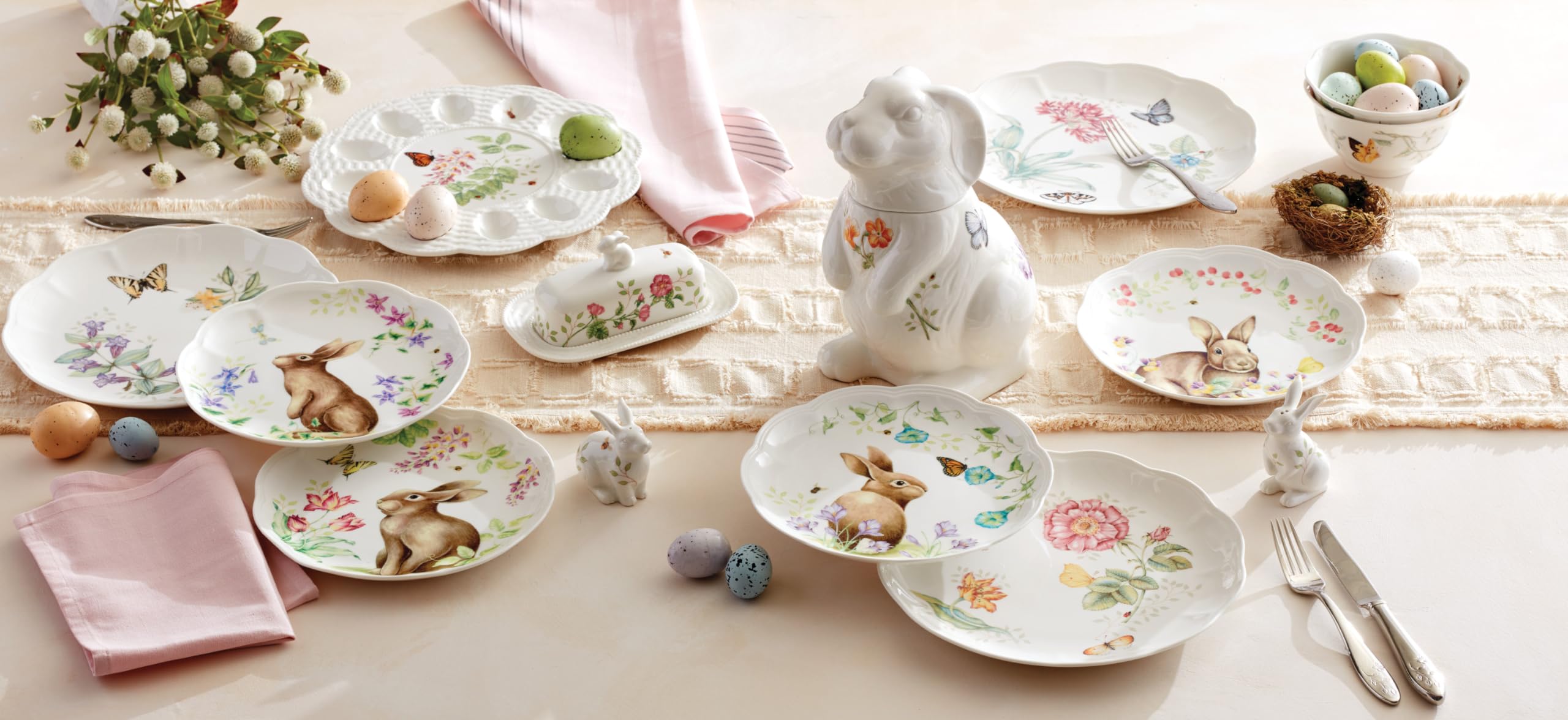 Lenox Dinnerware Set, Butterfly Meadow Bunny 16-Piece Set, Service For 4, Dishwasher Safe, Microwave Safe, Made Of Porcelain, Bowls And Mugs, Plates And Bowls, Easter Dish (Assorted, 16 Pieces)