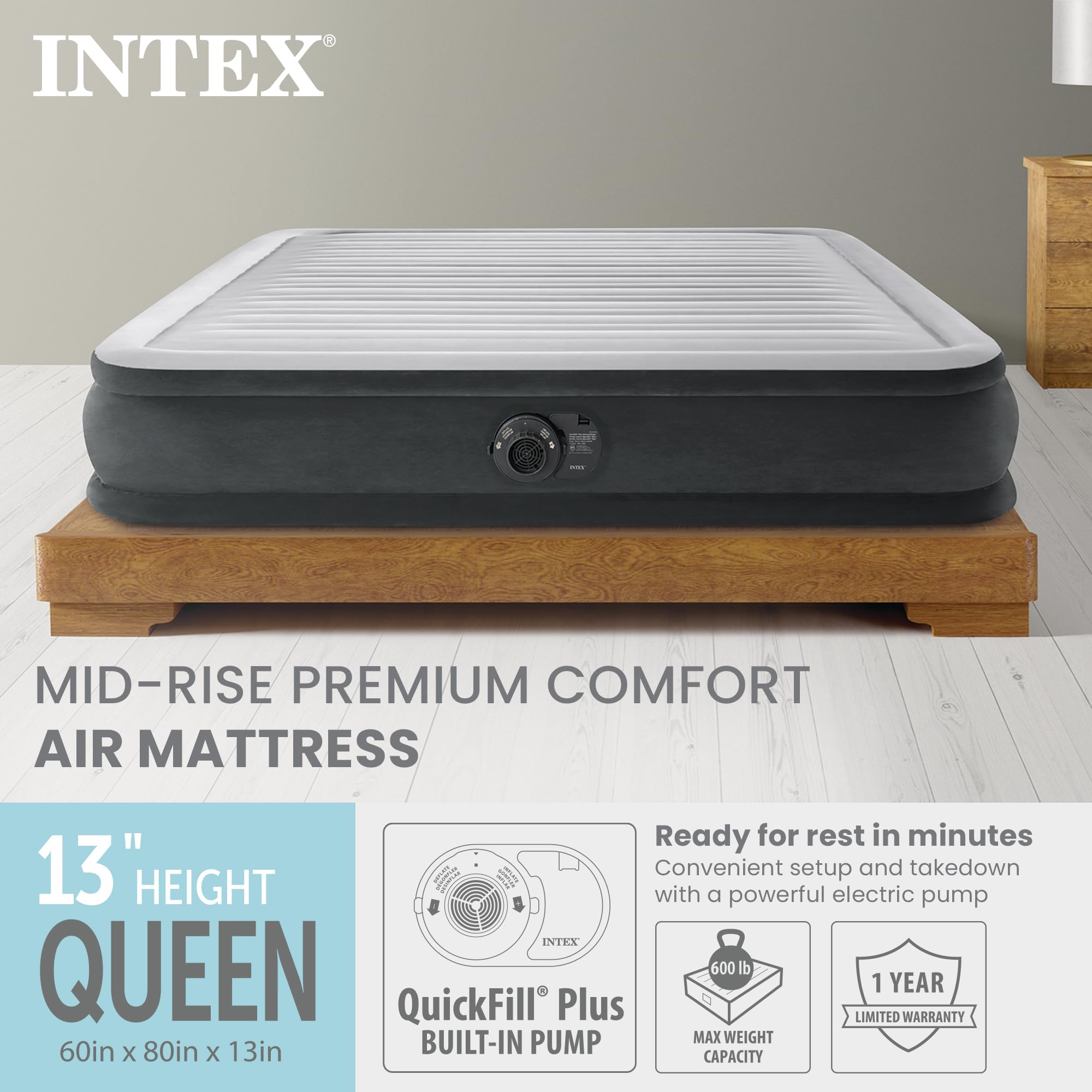 Intex 67765ED Dura-Beam Deluxe Comfort-Plush Mid-Rise Air Mattress : Fiber-Tech – Twin Size – Built-in Electric Pump – 13in Bed Height – 300lb Weight Capacity
