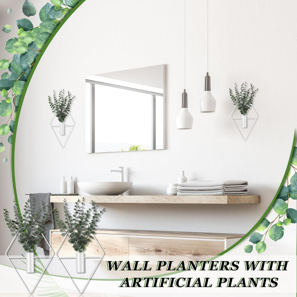 Jexine 4 Pcs Hanging Planters with Artificial Eucalyptus Metal Hanging Vase Indoor Plants Holder Modern Geometric Boho Bathroom Wall Decor for Living Room Home Office(Black)