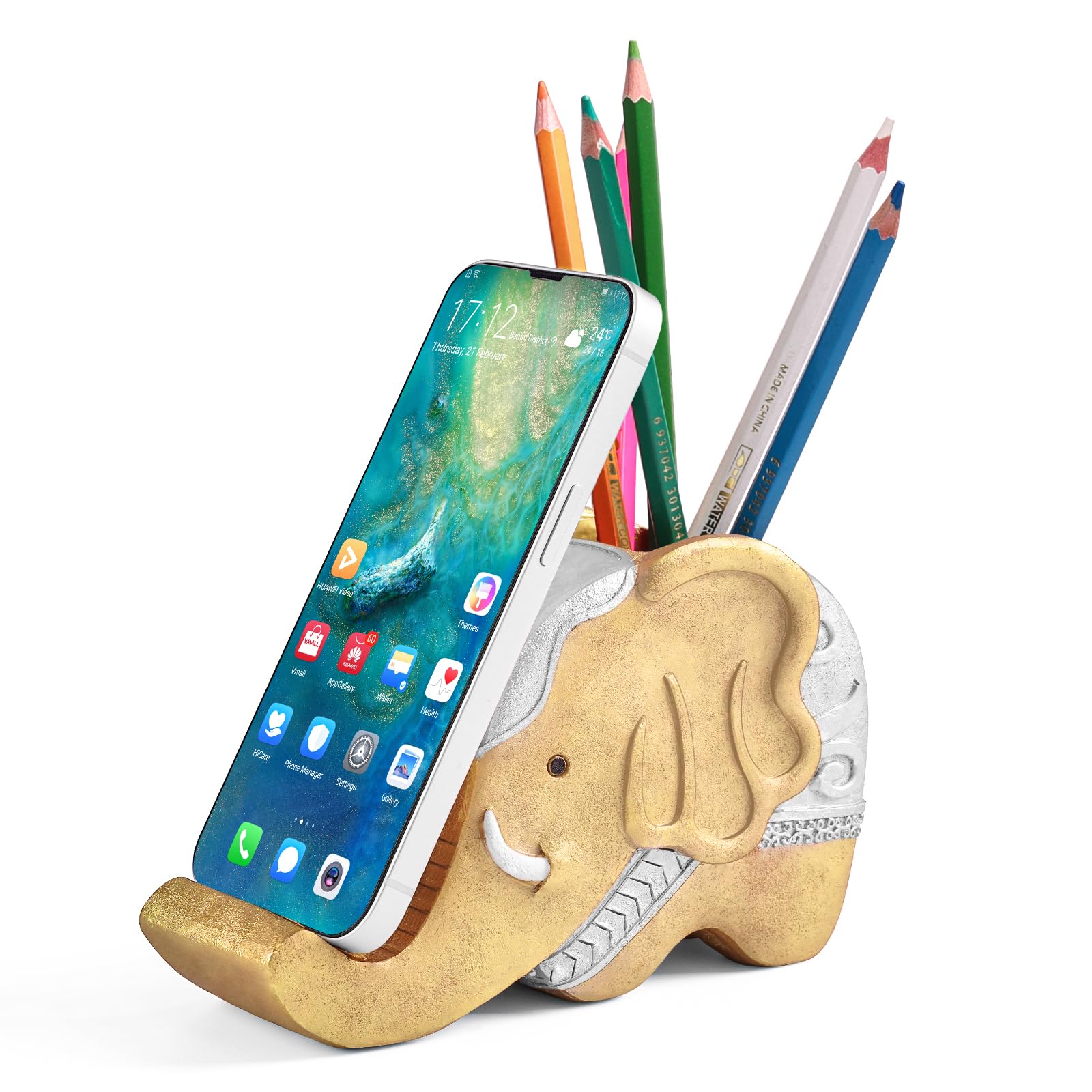 MOKANI Pen Pencil Holder with Phone Stand, Multifunctional Elephant Shaped Desk Organizer Desk Decor Elephant Gifts for Women Cute Desk Accessories Home Office Decoration Thanksgiving Christmas Gift