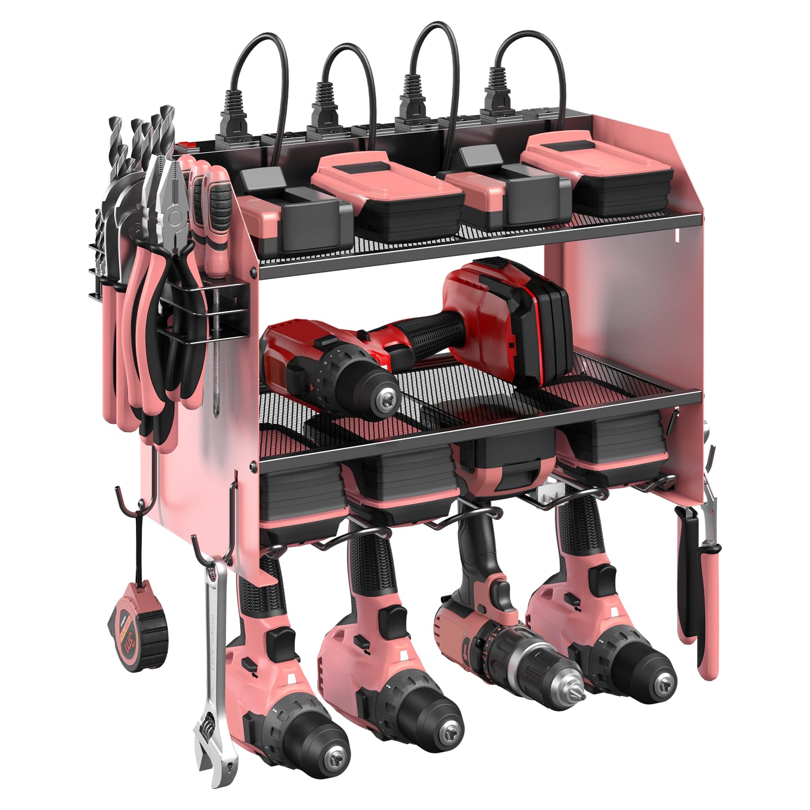 CCCEI Modular Power Tool Organizer Wall Mount with Charging Station. Garage Drill Storage Shelf with Hooks, Heavy Duty Rack, Tool Battery Holder Built in 8 Outlet. Gift for Men. Red, 1 Pack.