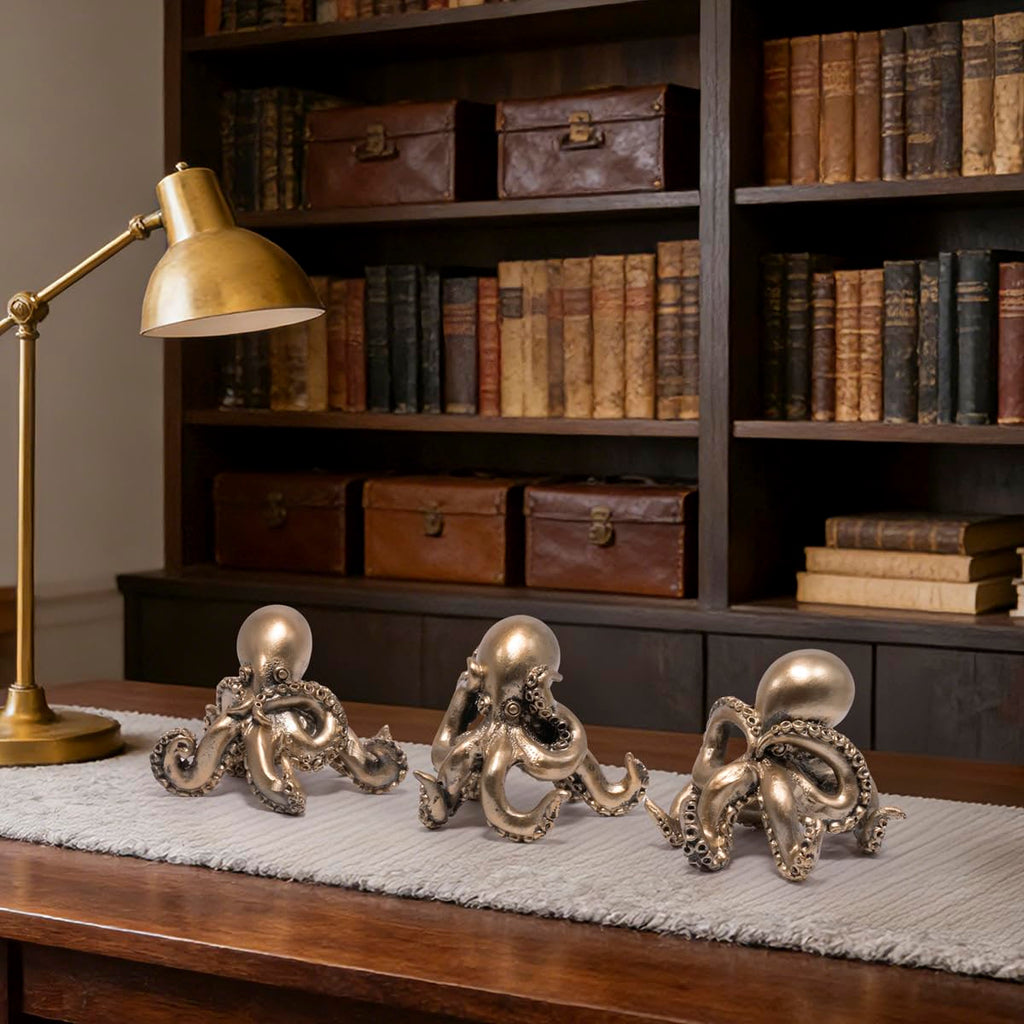 Hodao Octopus Figurines, See No Evil Hear No Evil Speak No Evil Octopus Statues, Cute Resin Octopus Decor for Home Office Desk Shelf, Unique Gift for Animal Lovers & Zen Decor Enthusiasts (Blue)