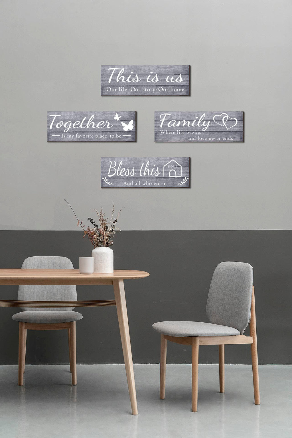 4 Pieces Home Wall Signs, THIS IS US/TOGETHER/BLESS THIS HOME/FAMILY Wall Decor For Living Room Bedroom, Rustic Wooden Farmhouse Wall Art , 4.7 x 13.8 Inch(Brown)