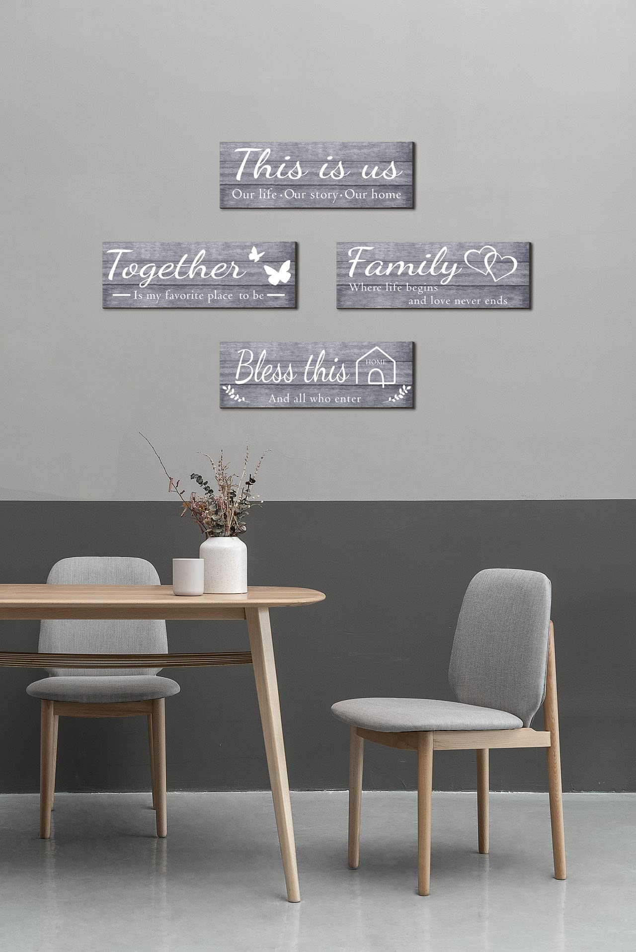 4 Pieces Home Wall Signs, THIS IS US/TOGETHER/BLESS THIS HOME/FAMILY Wall Decor For Living Room Bedroom, Rustic Wooden Farmhouse Wall Art , 4.7 x 13.8 Inch(Brown)
