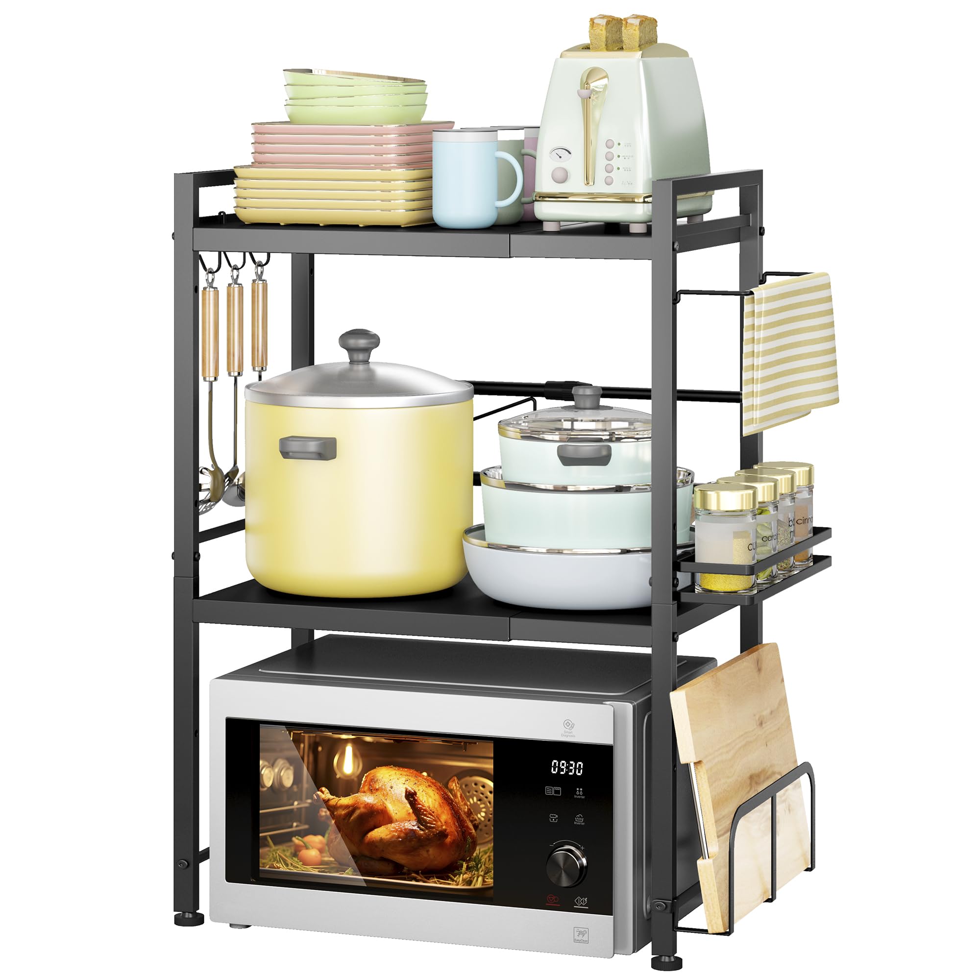 DOLALIKE Microwave Oven Rack, Expandable Microwave Stand Countertop Kitchen Utensils Tableware Storage, Carbon Steel Over Microwave Shelf Countertop with 3 Hooks