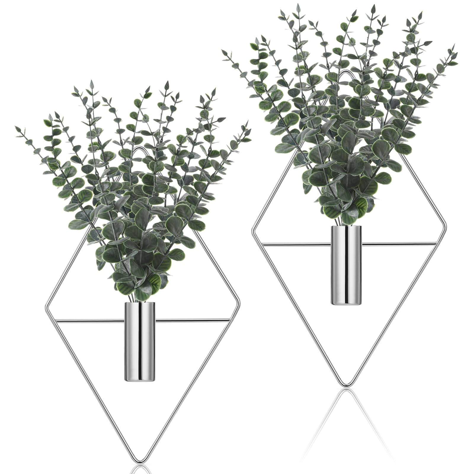Jexine 4 Pcs Hanging Planters with Artificial Eucalyptus Metal Hanging Vase Indoor Plants Holder Modern Geometric Boho Bathroom Wall Decor for Living Room Home Office(Black)