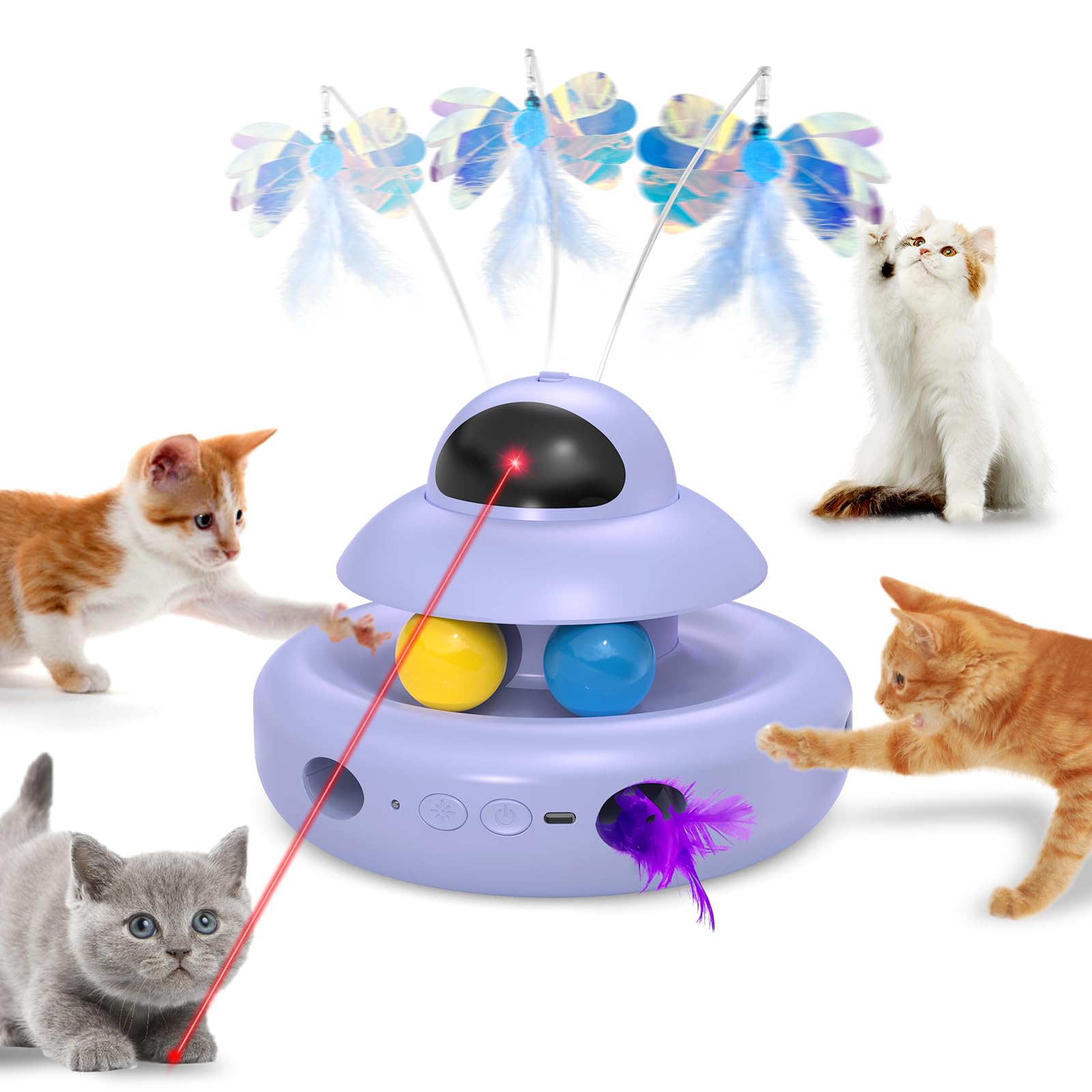 Interactive Cat Toys for Indoor Cats,4-in-1 Automatic Kitten Toy with Laser, Fluttering Butterfly, Moving Feather & Track Balls, USB Rechargeable Self-Play Electronic Toy for Kittens & Adults