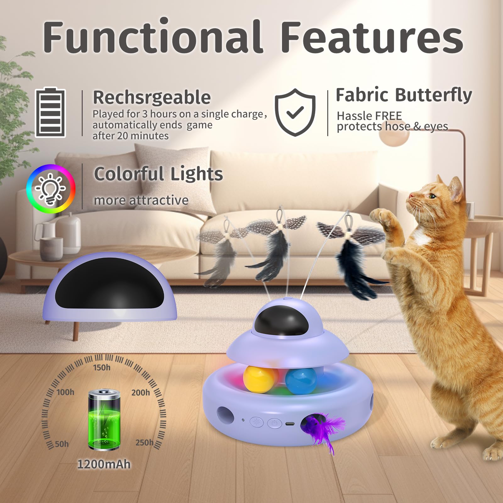 Interactive Cat Toys for Indoor Cats,4-in-1 Automatic Kitten Toy with Laser, Fluttering Butterfly, Moving Feather & Track Balls, USB Rechargeable Self-Play Electronic Toy for Kittens & Adults