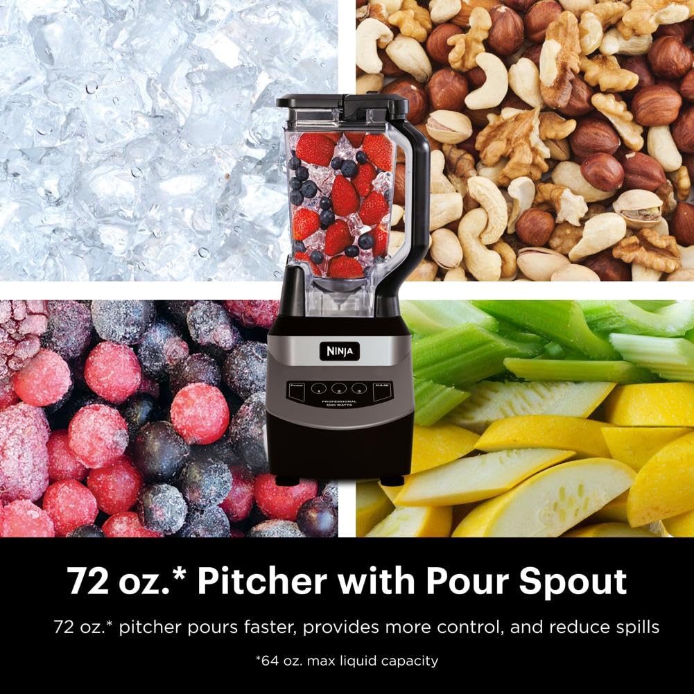 Ninja Professional Blender, Smoothie Blender, Drink Mixer, Grinder, Ice Crusher, Frozen Fruit Blending | Professional 1000 W Power, Total Crushing ™ Technology, XL 72-oz. Pitcher Black, Grey, BL610