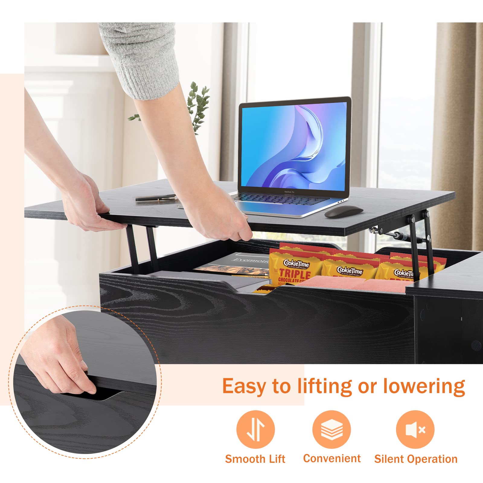 Sweetcrispy Lift Top Coffee Tables for Living Room, Small Rising Wooden Center Tables with Storage Shelf and Center Tables, with Storage Shelf.