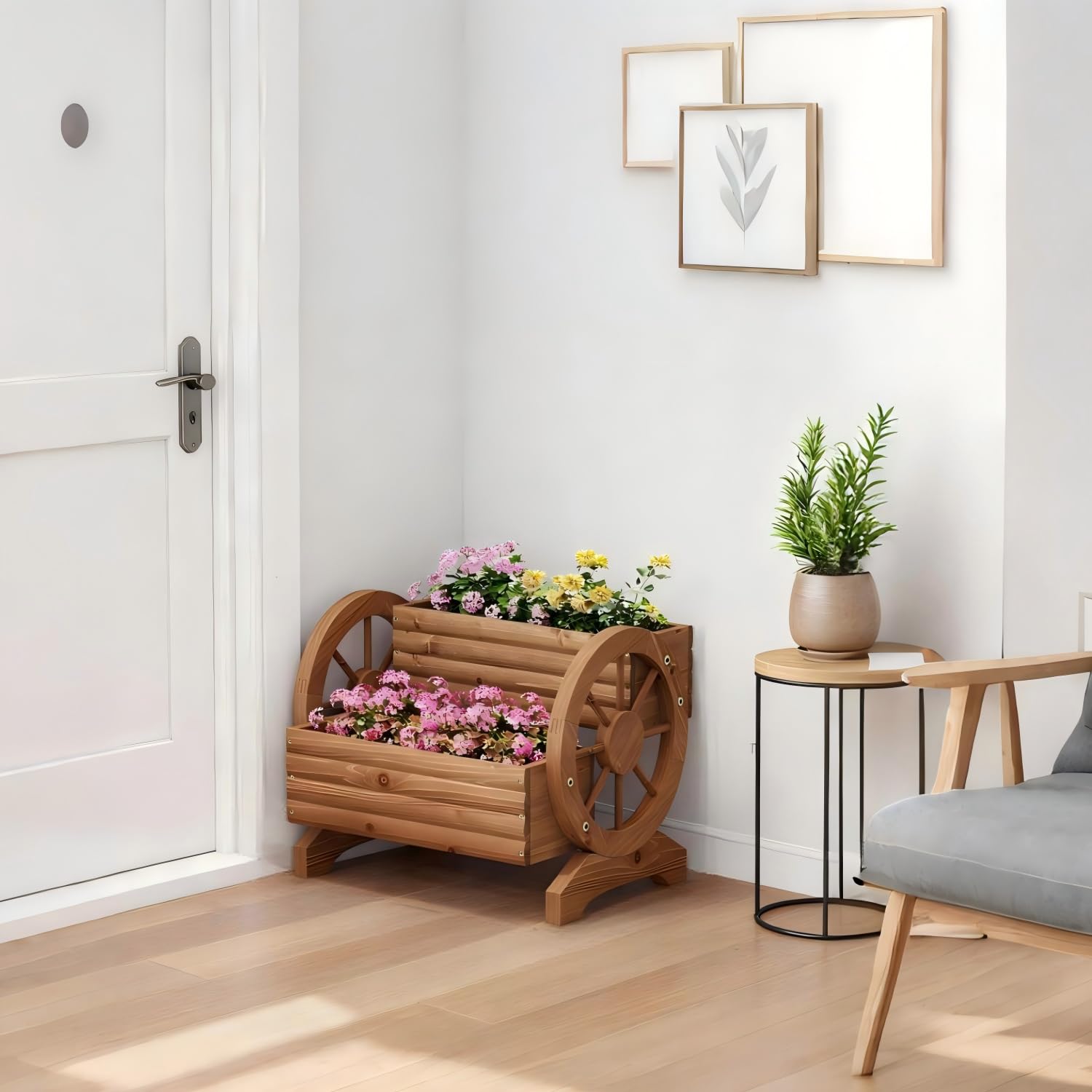 Wooden Wagon Planter Wooden Flower Cart with Wheels Outdoor Garden Planter, Decor Planter for Patio Balcony Decoration Succulent Flower Pot for Indoor Backyard Balcon planters (Carbonized)