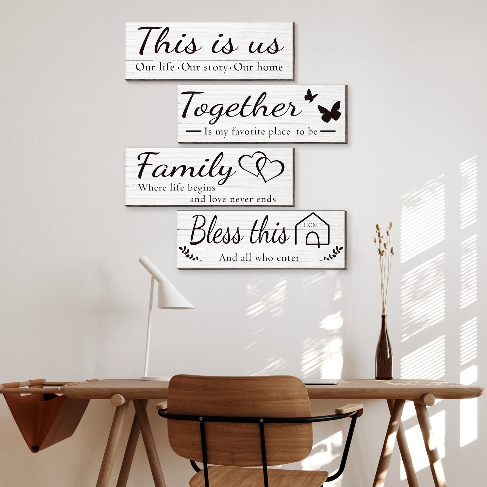 4 Pieces Home Wall Signs, THIS IS US/TOGETHER/BLESS THIS HOME/FAMILY Wall Decor For Living Room Bedroom, Rustic Wooden Farmhouse Wall Art , 4.7 x 13.8 Inch(Brown)
