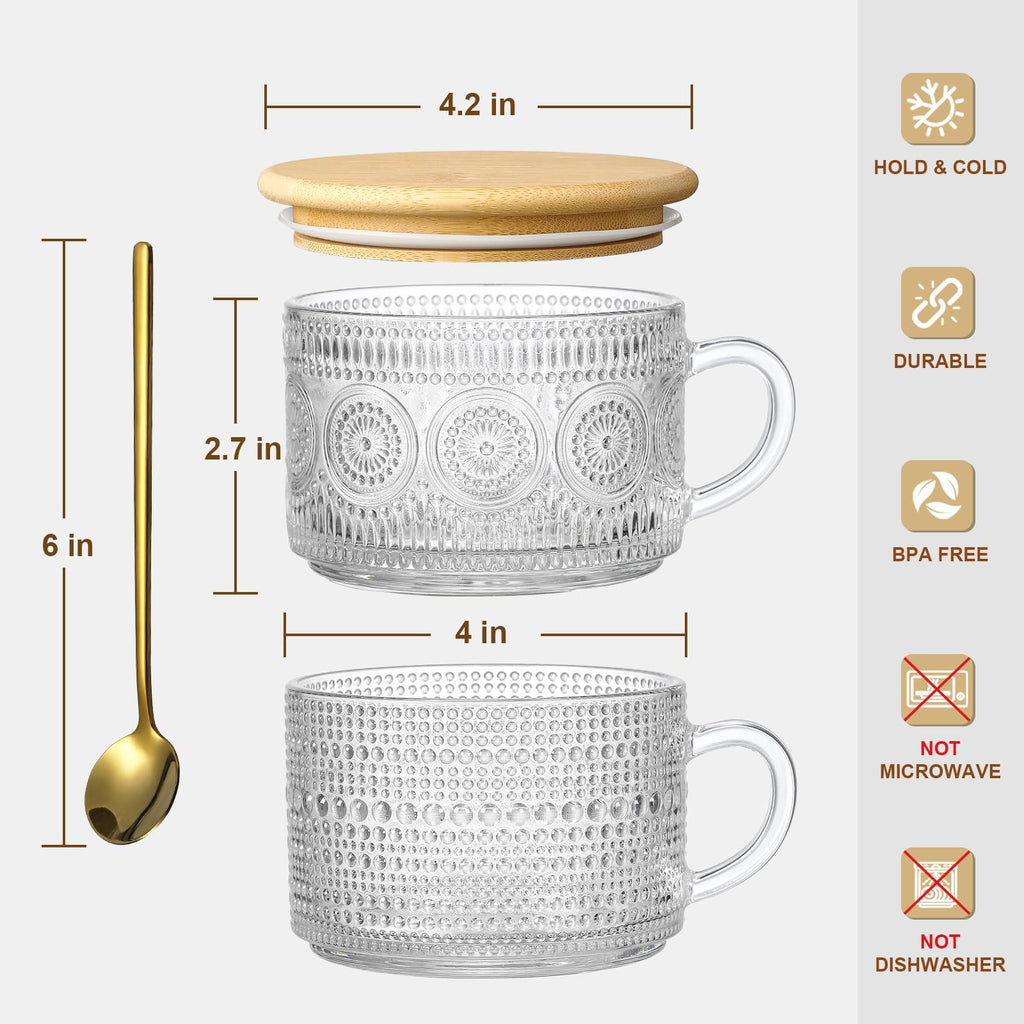4pcs Set Vintage Coffee Mugs gifts for women, Overnight Oats Containers with Bamboo Lids and Spoons - 14oz Clear Embossed Glass Cups, Cute Coffee Bar Accessories, Iced Coffee Glasses