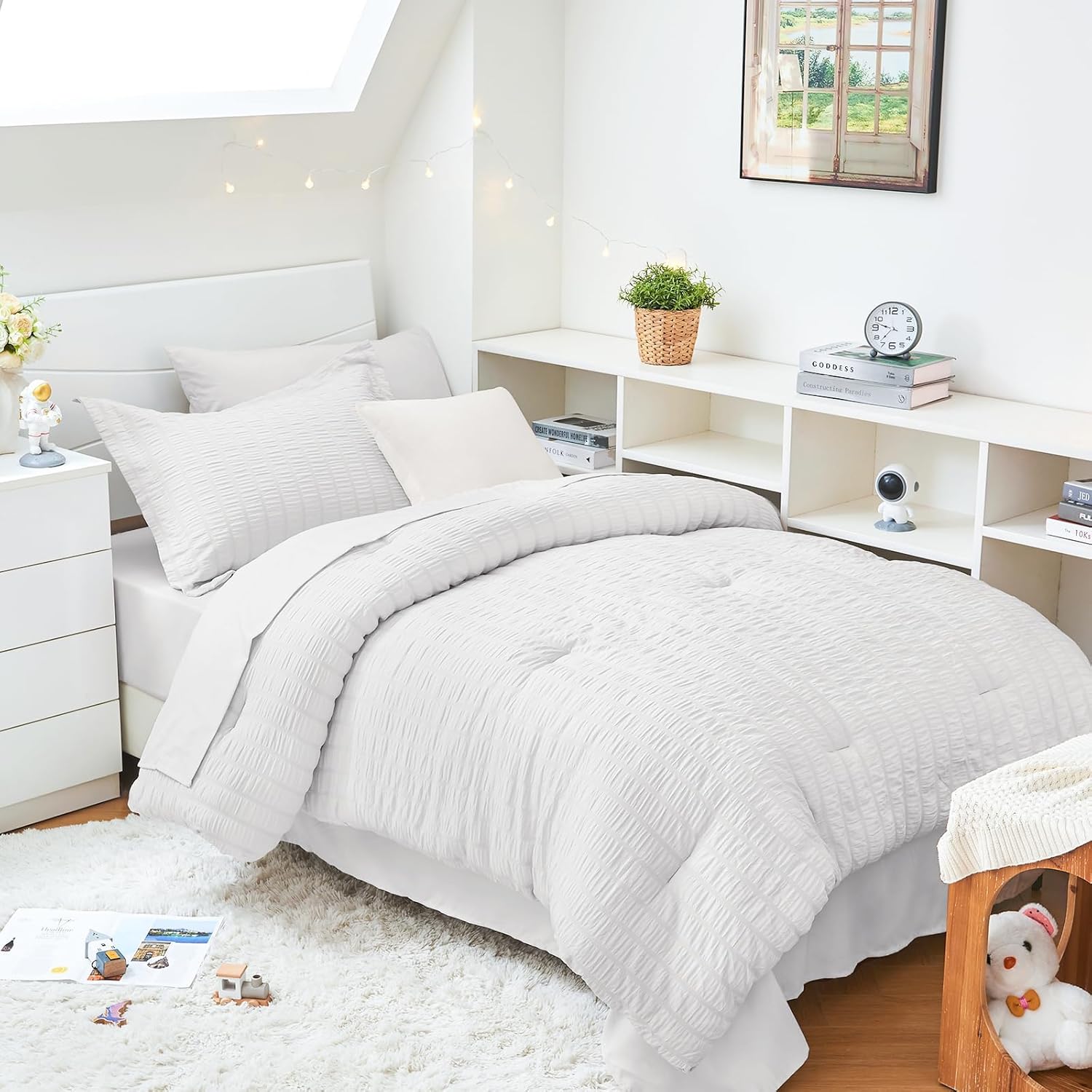 HYMOKEGE Queen Comforter Set Seersucker 7 Pieces, All Season Luxury Bed in a Bag for Bedroom, Bedding Set with Comforters, Sheets, Pillowcases & Shams, Dark Grey