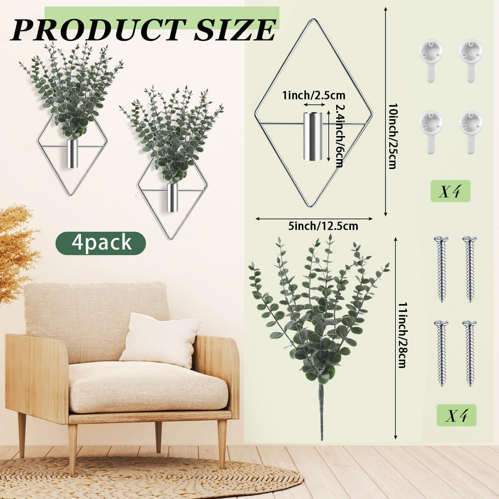 Jexine 4 Pcs Hanging Planters with Artificial Eucalyptus Metal Hanging Vase Indoor Plants Holder Modern Geometric Boho Bathroom Wall Decor for Living Room Home Office(Black)