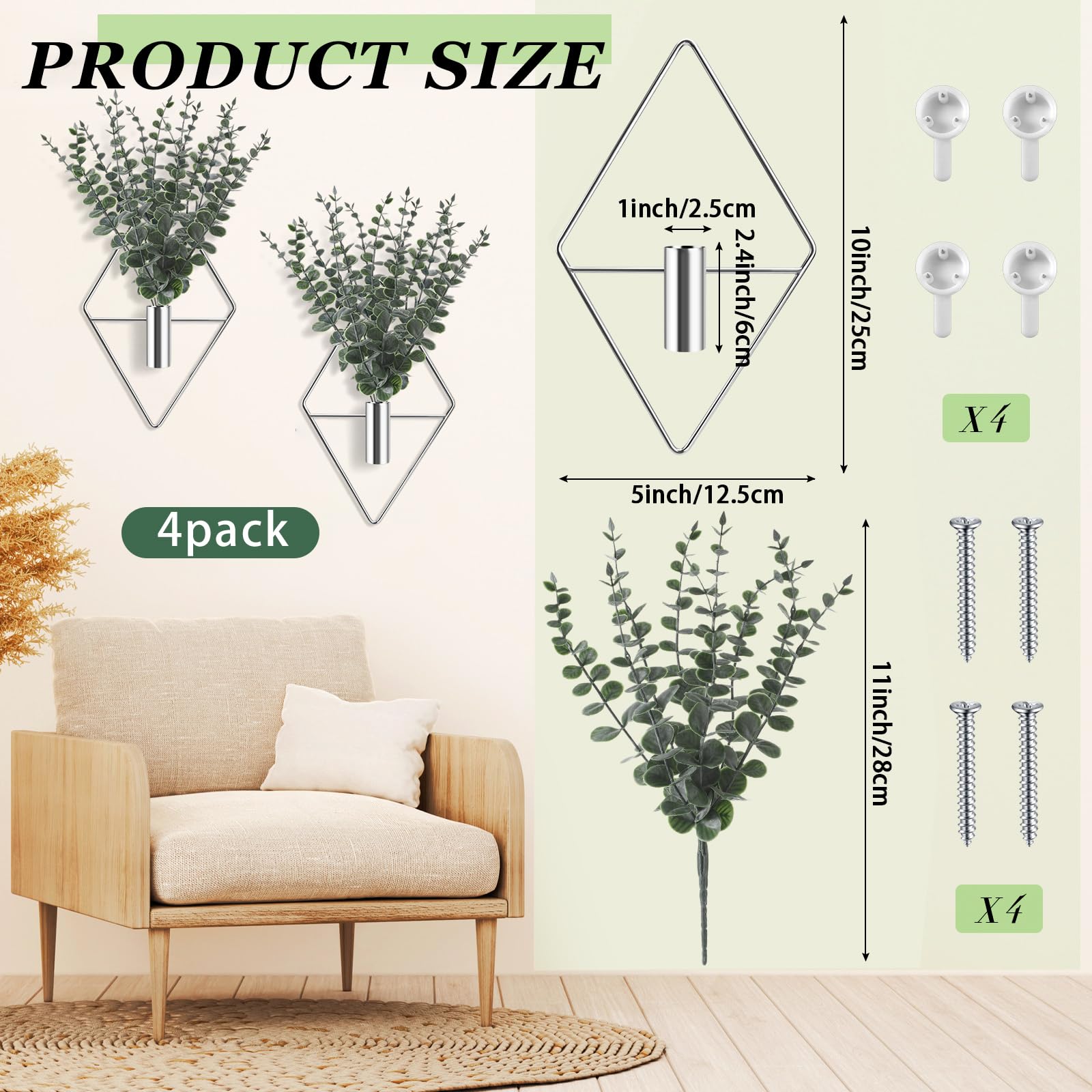 Jexine 4 Pcs Hanging Planters with Artificial Eucalyptus Metal Hanging Vase Indoor Plants Holder Modern Geometric Boho Bathroom Wall Decor for Living Room Home Office(Black)