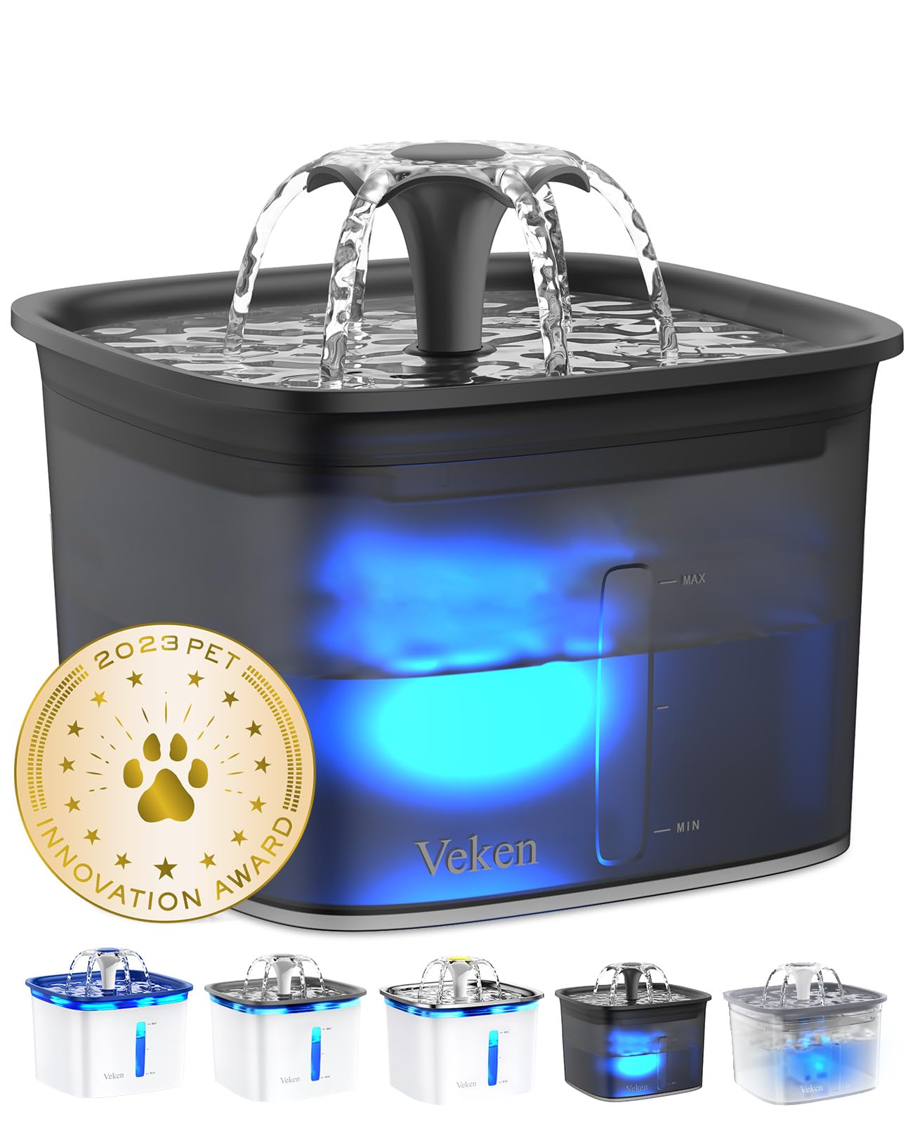 Veken Innovation Award Winner 95oz/2.8L Pet Fountain, Automatic Cat Water Fountain Dog Water Dispenser with Replacement Filters for Cats, Dogs, Multiple Pets (Grey, Plastic)