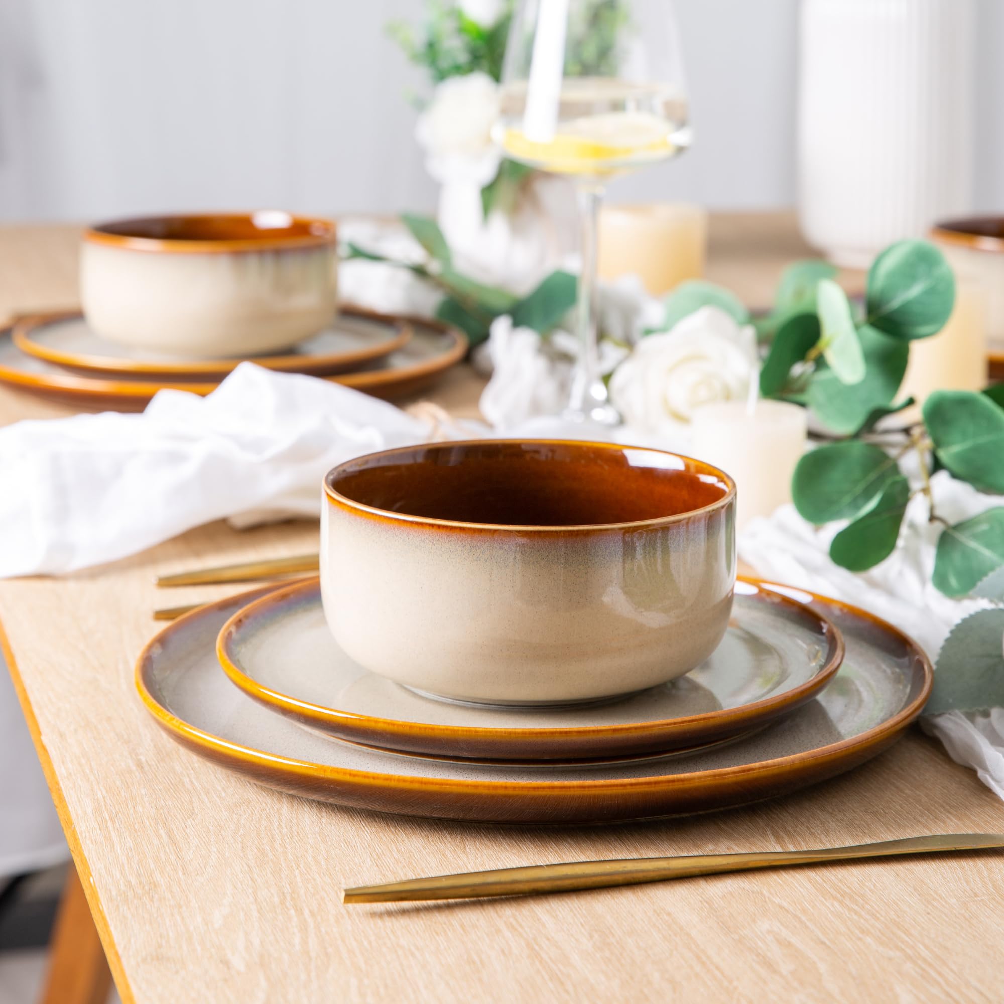 LERATIO Ceramic Dinnerware Sets for 8,Plates and Bowls Sets,Reactive Glaze Dishes Set,Highly Chip and Crack Resistant | Dishwasher & Microwave & Oven Safe Dishes set,Service for 8-Kahki (24pc)
