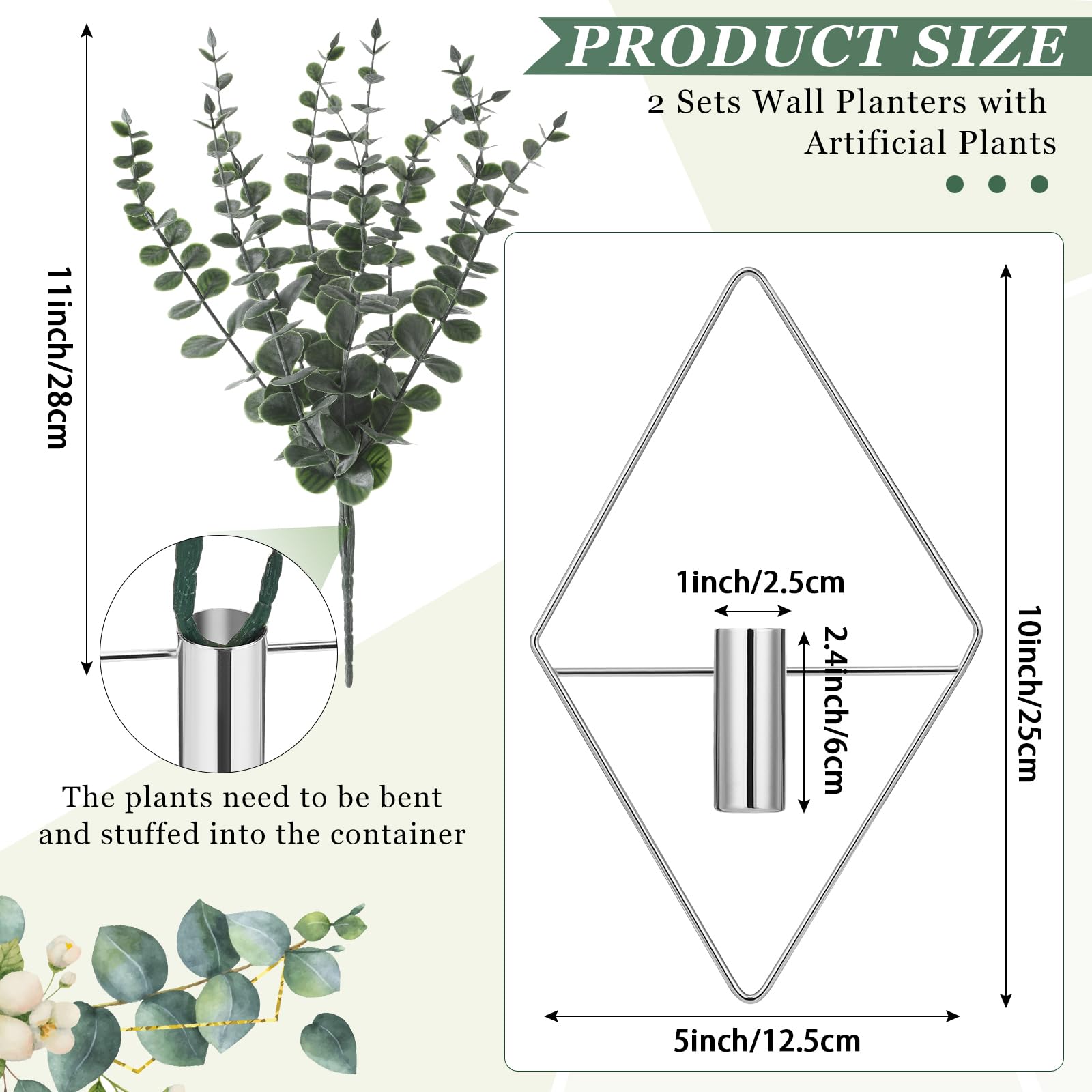 Jexine 4 Pcs Hanging Planters with Artificial Eucalyptus Metal Hanging Vase Indoor Plants Holder Modern Geometric Boho Bathroom Wall Decor for Living Room Home Office(Black)