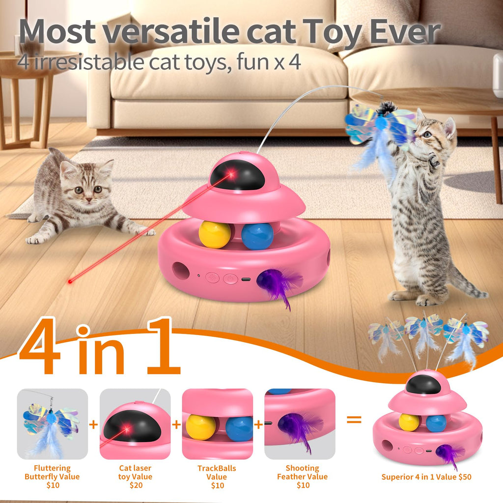 Interactive Cat Toys for Indoor Cats,4-in-1 Automatic Kitten Toy with Laser, Fluttering Butterfly, Moving Feather & Track Balls, USB Rechargeable Self-Play Electronic Toy for Kittens & Adults