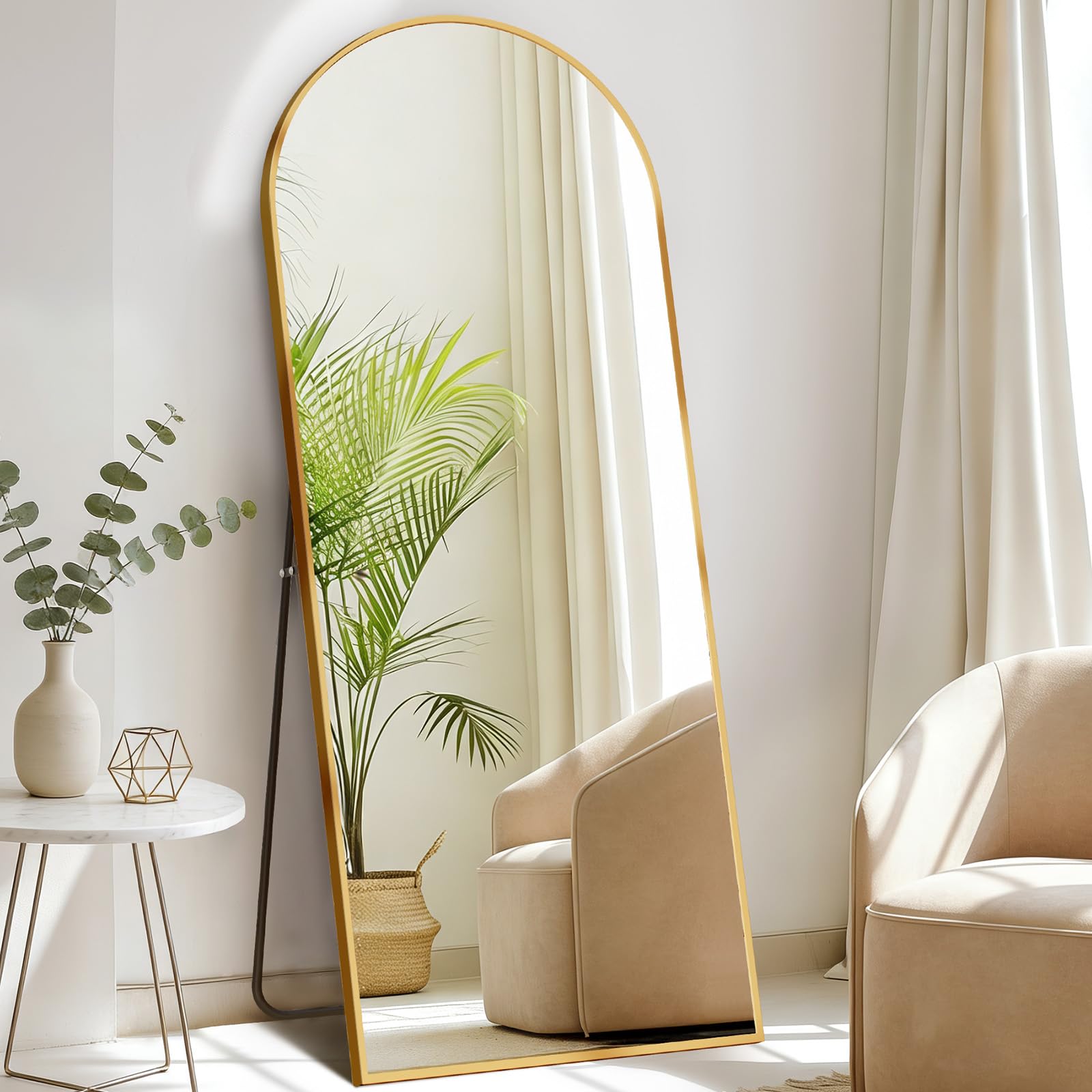DUMOS Arched Full Length Mirror with Stand 64"x21" Floor Standing Aluminum Frame for Bedroom Body Hanging Leaning Modern Simple Home Decor Shatter-proorf Nano Glass Wall Living Room Cloakroom Black