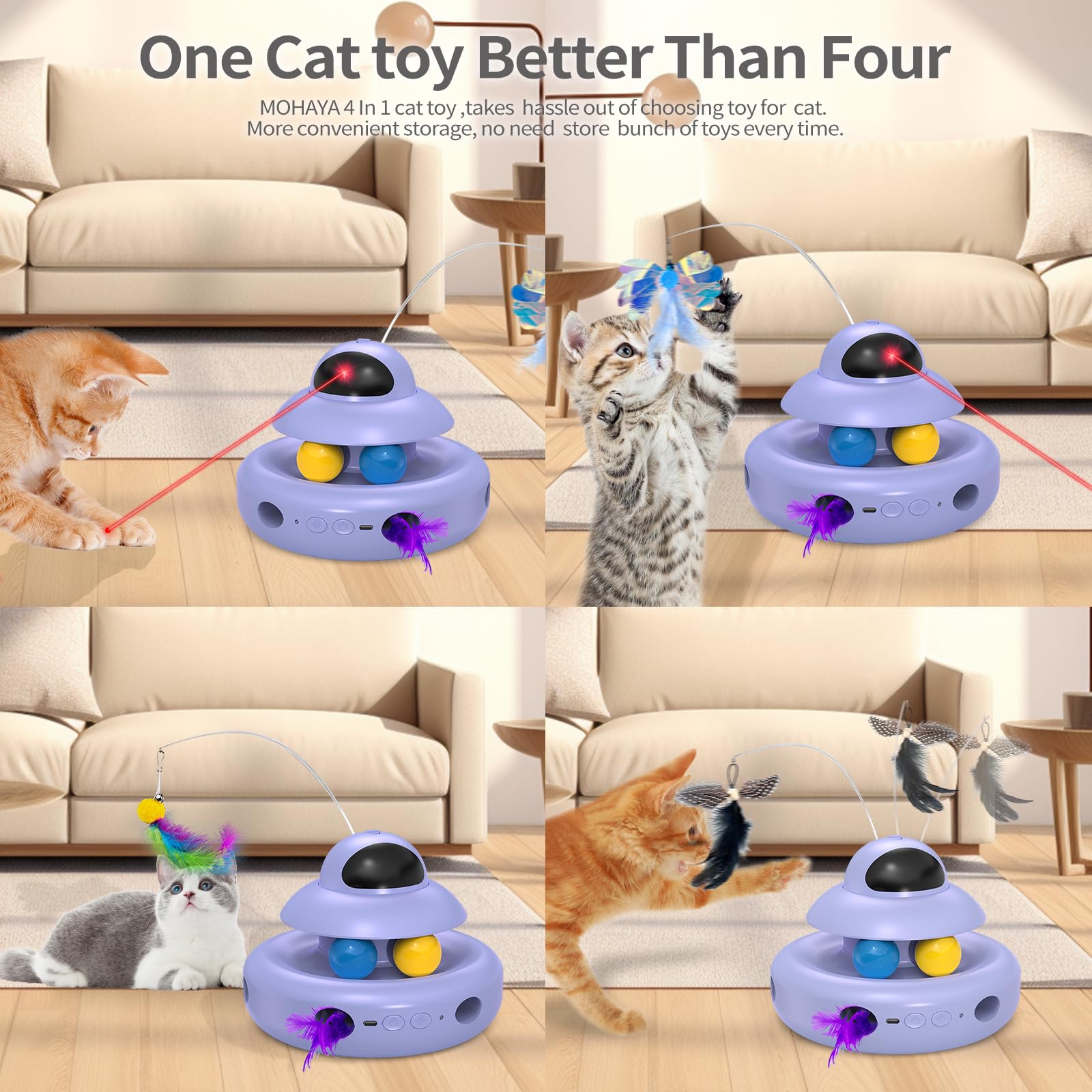 Interactive Cat Toys for Indoor Cats,4-in-1 Automatic Kitten Toy with Laser, Fluttering Butterfly, Moving Feather & Track Balls, USB Rechargeable Self-Play Electronic Toy for Kittens & Adults