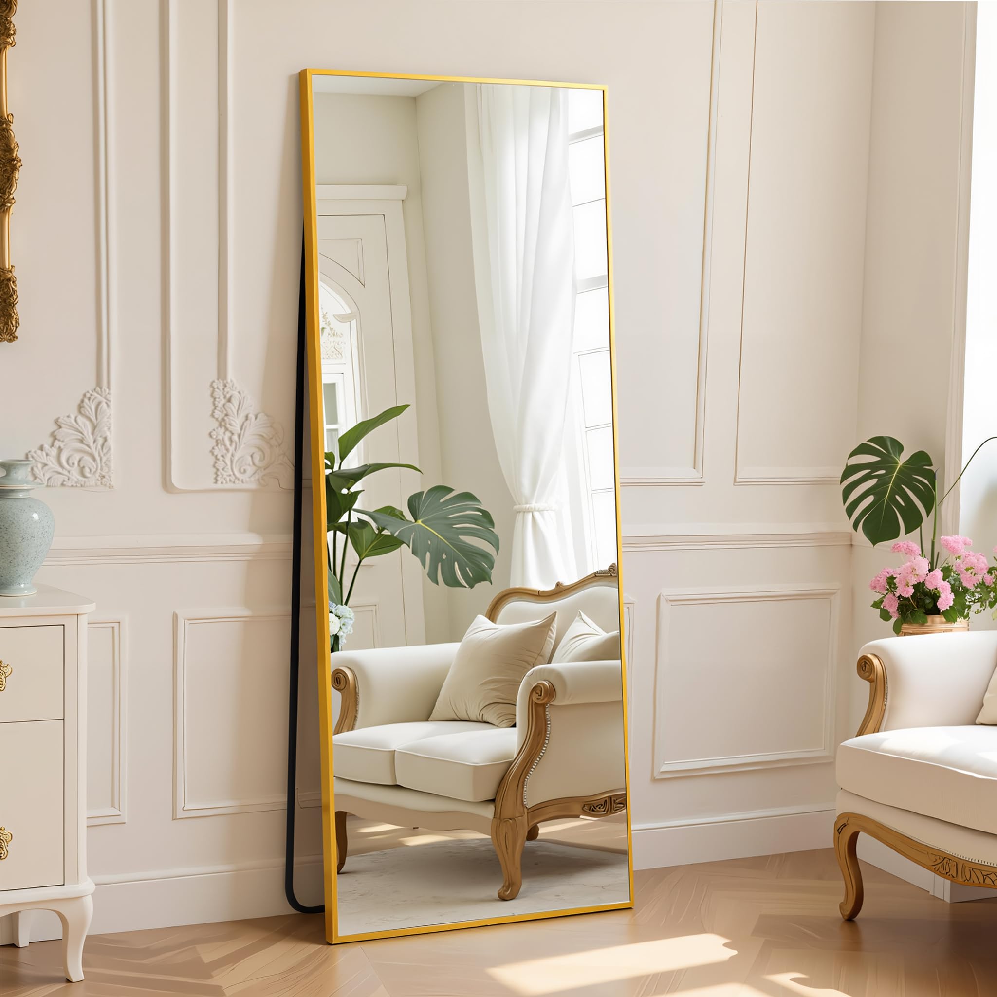 DUMOS Arched Full Length Mirror with Stand 64"x21" Floor Standing Aluminum Frame for Bedroom Body Hanging Leaning Modern Simple Home Decor Shatter-proorf Nano Glass Wall Living Room Cloakroom Black