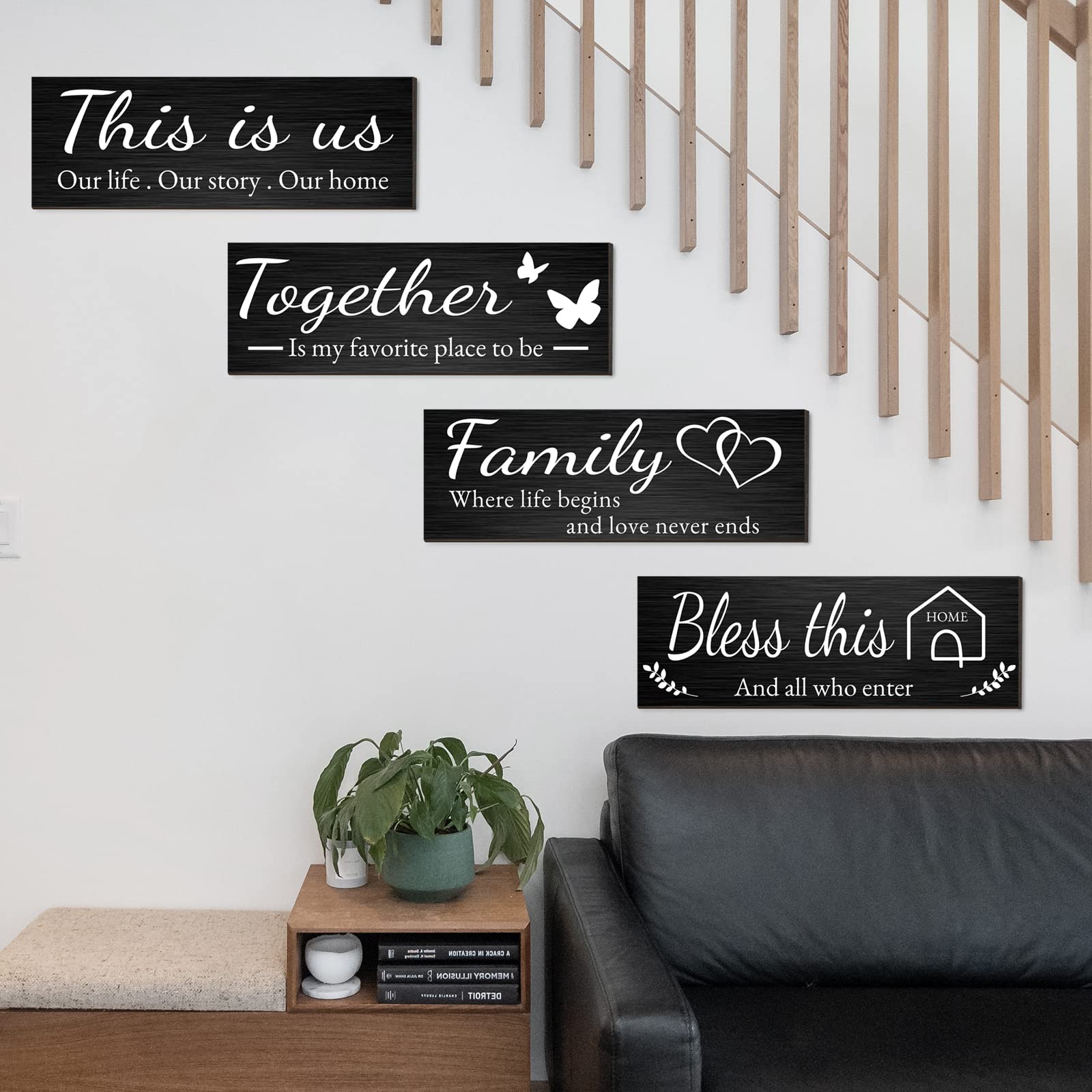 4 Pieces Home Wall Signs, THIS IS US/TOGETHER/BLESS THIS HOME/FAMILY Wall Decor For Living Room Bedroom, Rustic Wooden Farmhouse Wall Art , 4.7 x 13.8 Inch(Brown)