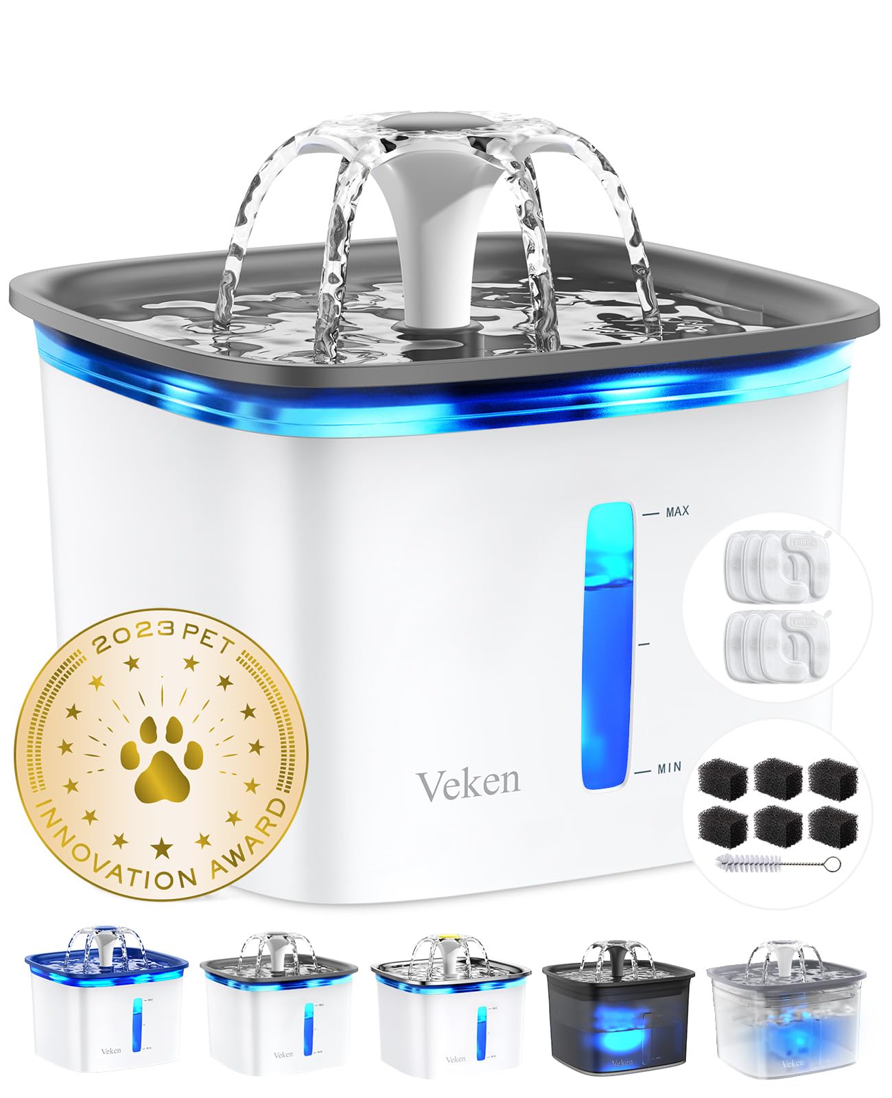 Veken Innovation Award Winner 95oz/2.8L Pet Fountain, Automatic Cat Water Fountain Dog Water Dispenser with Replacement Filters for Cats, Dogs, Multiple Pets (Grey, Plastic)