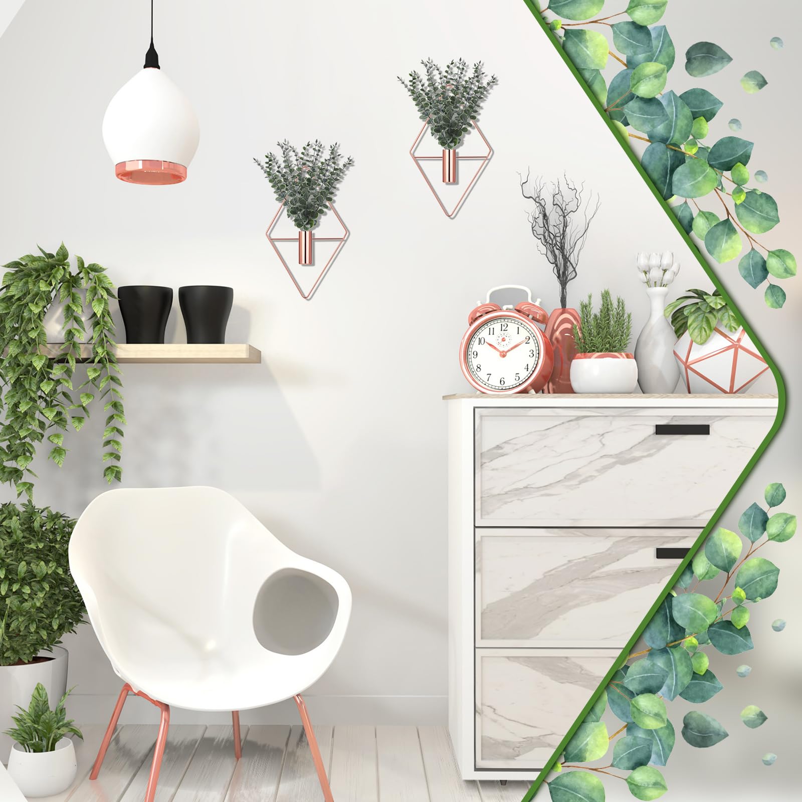 Jexine 4 Pcs Hanging Planters with Artificial Eucalyptus Metal Hanging Vase Indoor Plants Holder Modern Geometric Boho Bathroom Wall Decor for Living Room Home Office(Black)
